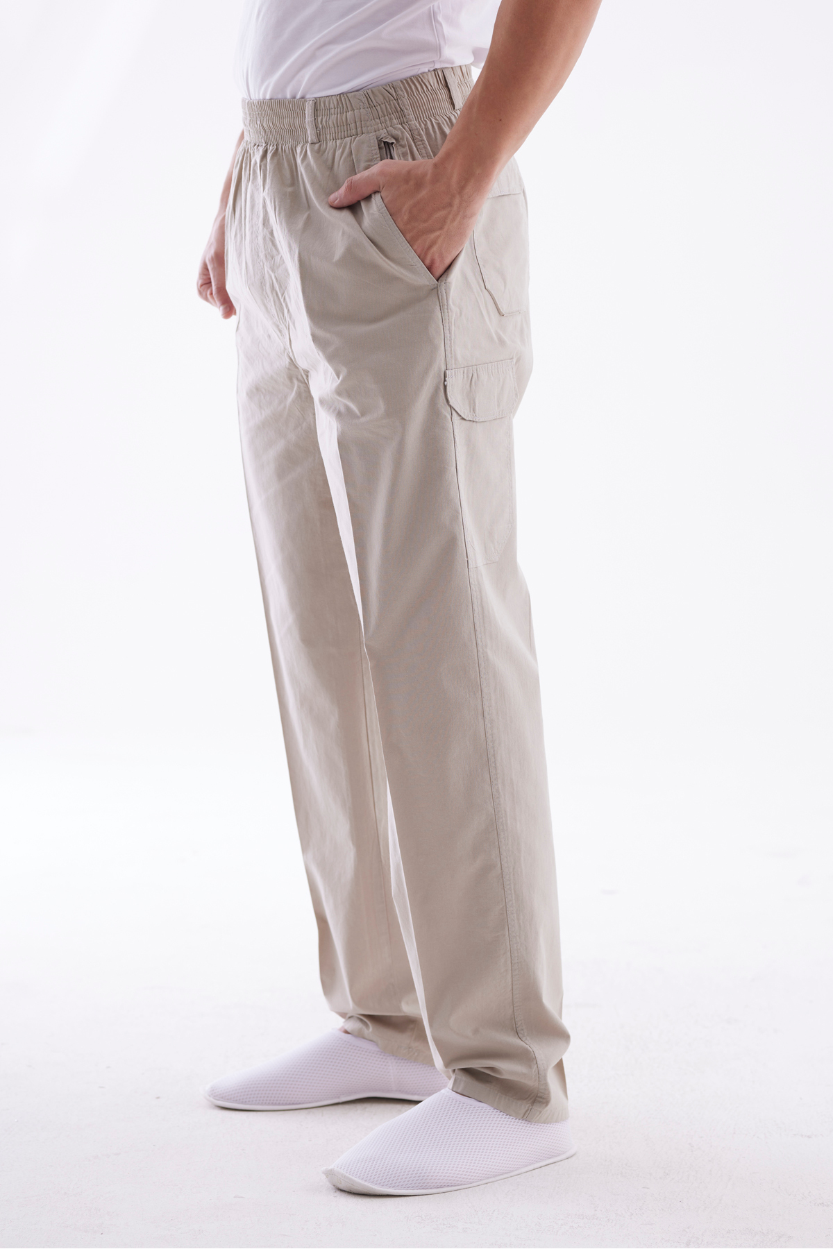 Men's Luxury Light Beige Casual Fit Elastic Waist Linen Hajj and Umrah Outfit Trousers