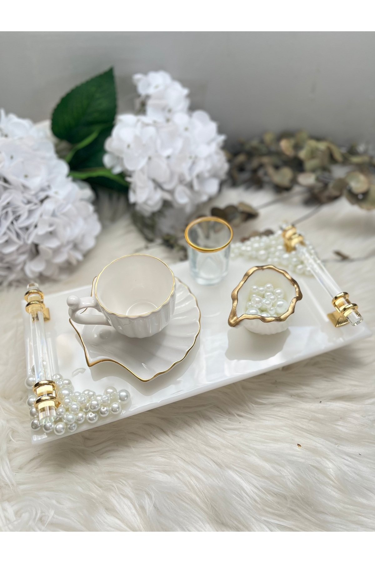 RESİNARTSHOP Epoksi İncili Dikdörtgen Damat Tepsi Seti Gold