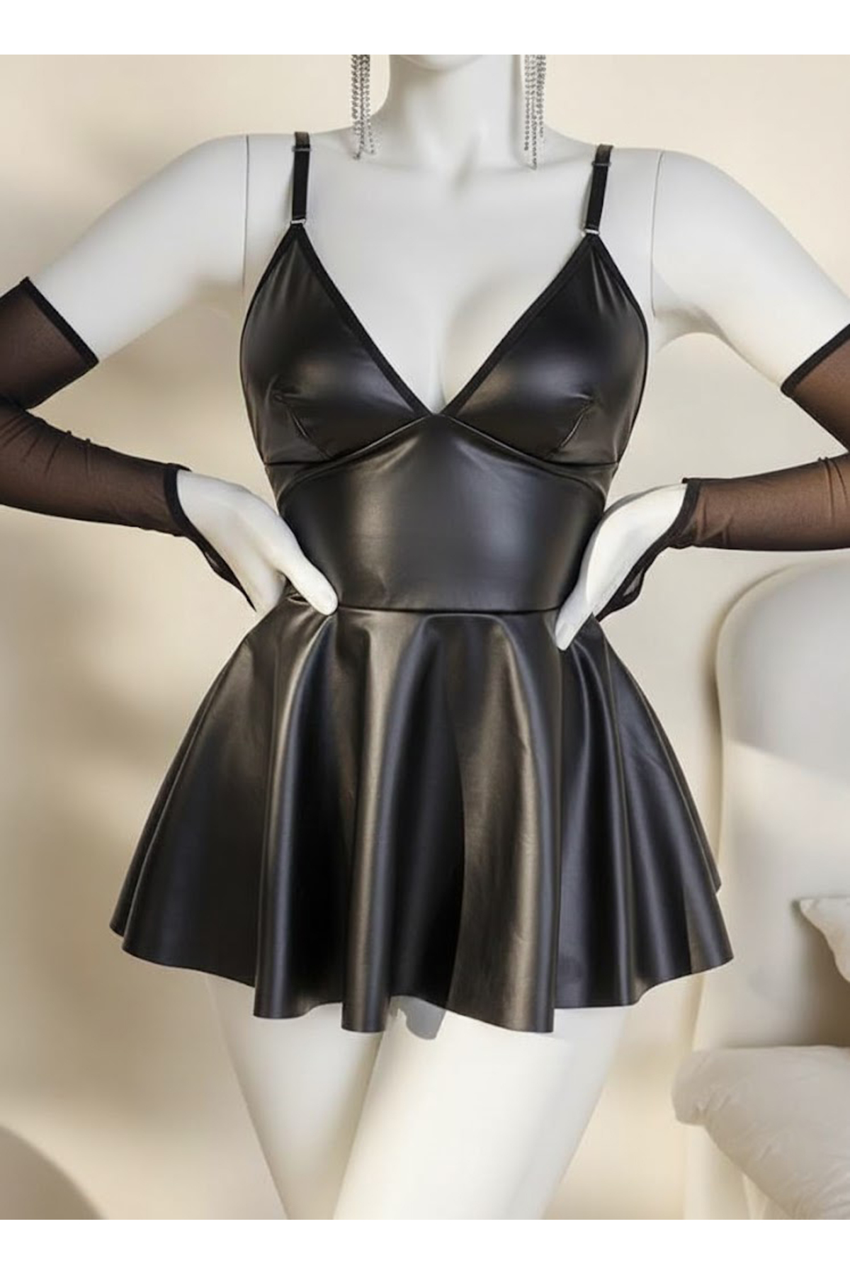 PASSIONE Siyah Deri Görünümlü Fantazi Gecelik - Askılı Babydoll Mini Elbise - 21084