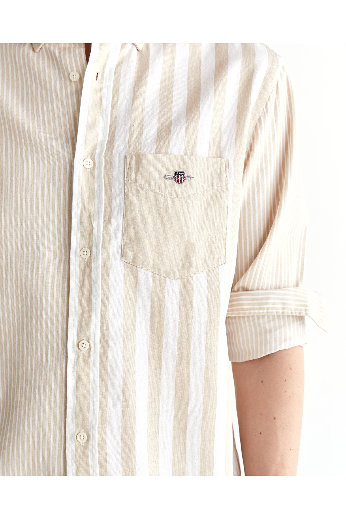 Gant  Erkek Bej Regular Fit Düğmeli Yaka Çizgili Gömlek - Görsel 5