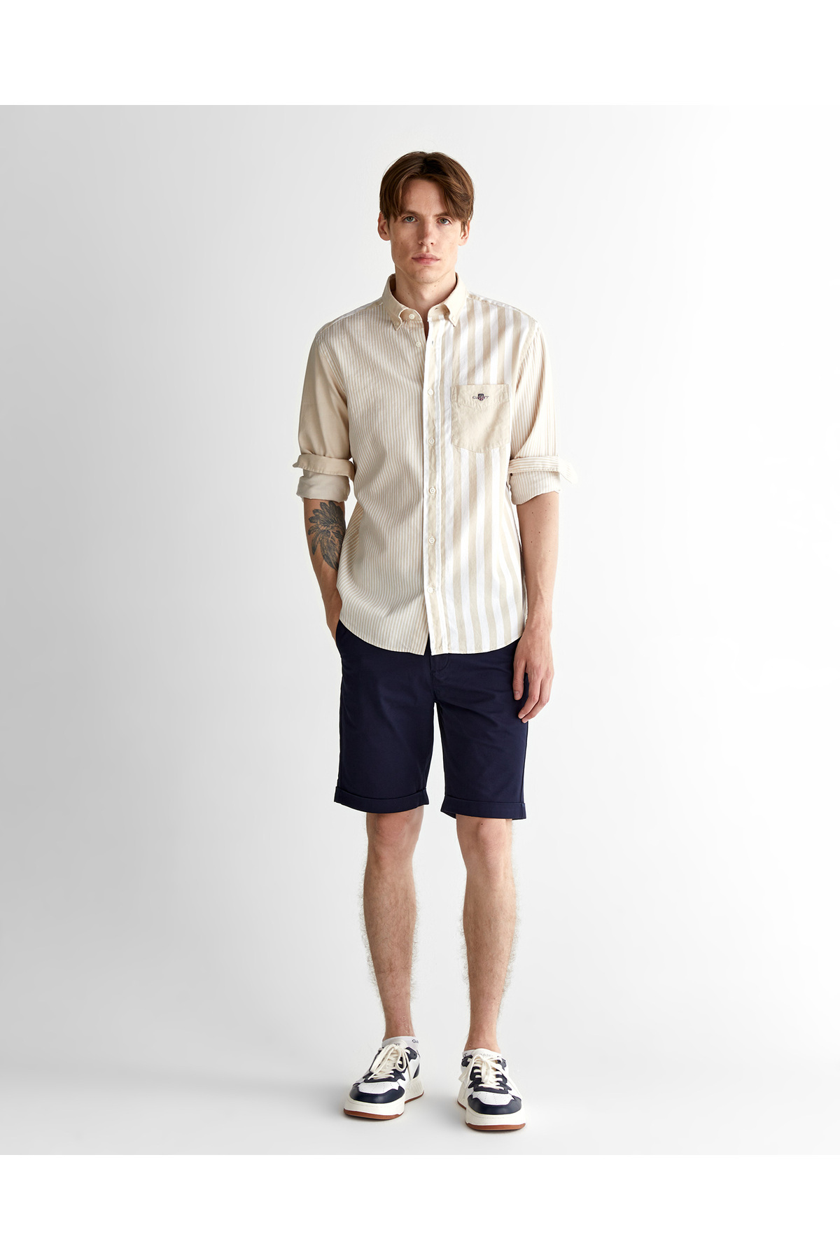 Gant  Erkek Bej Regular Fit Düğmeli Yaka Çizgili Gömlek - Görsel 3