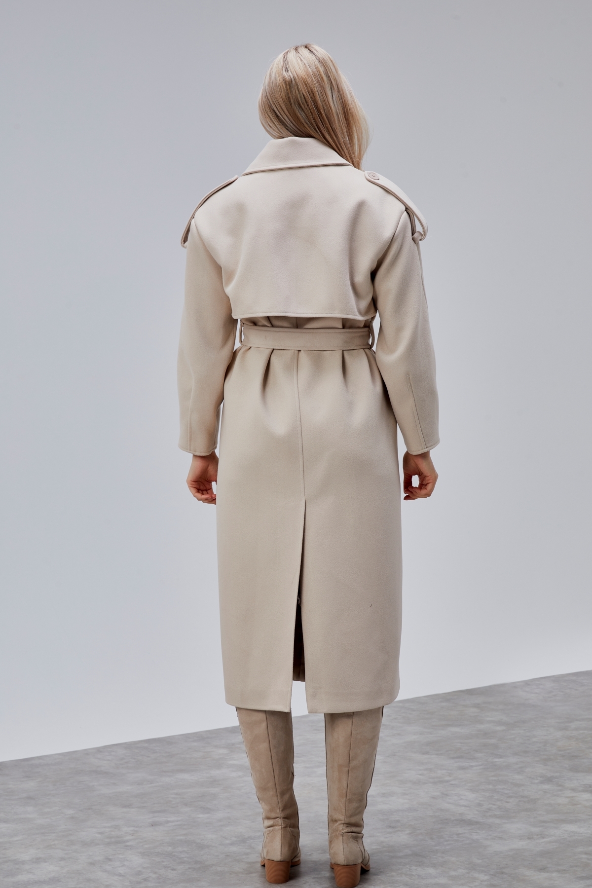 Bolivente  Marvella Bej Premium Apoletli Rüzgarlık Detaylı Kaşe Kaban - Görsel 5