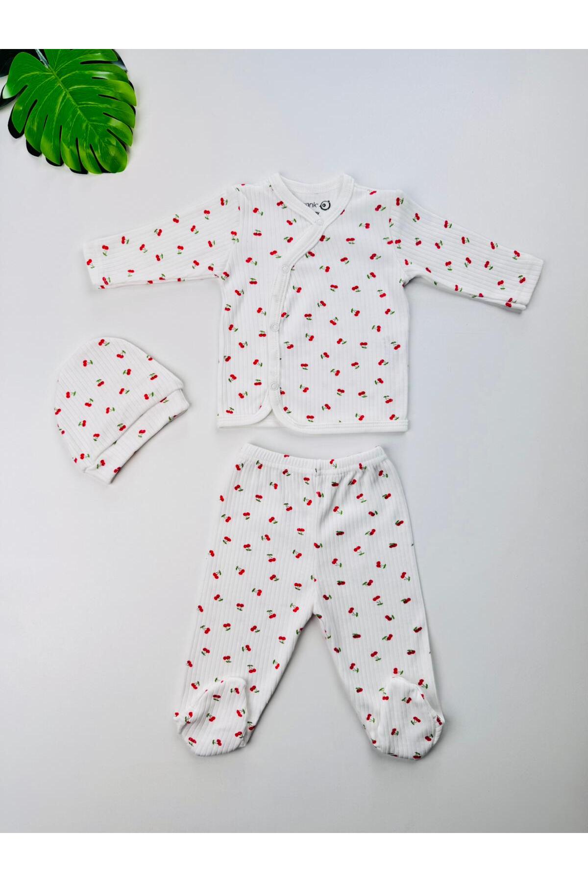 EFU BABY 3lü Kiraz Desenli Bereli %100 Pamuklu Kız Bebek Yenidoğan Zıbın Set fotoğrafı 3 (önizleme)