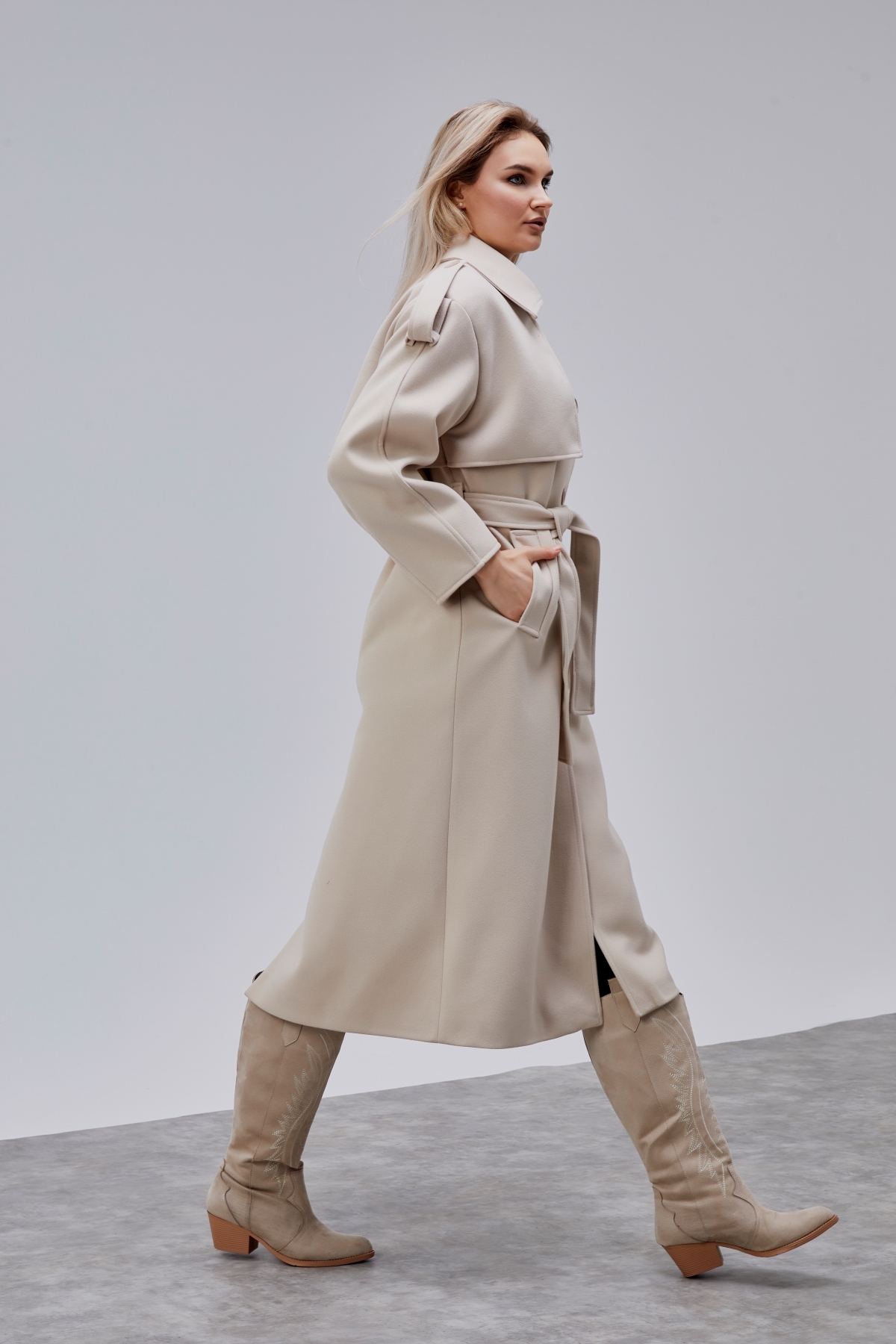 Bolivente  Marvella Bej Premium Apoletli Rüzgarlık Detaylı Kaşe Kaban - Görsel 7