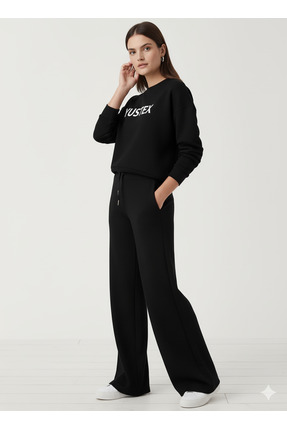 yx yustex sport KIŞLIK İÇİ ŞARDONLU Siyah Kadın Rahat Kalıp Bol Paça Eşofman ...