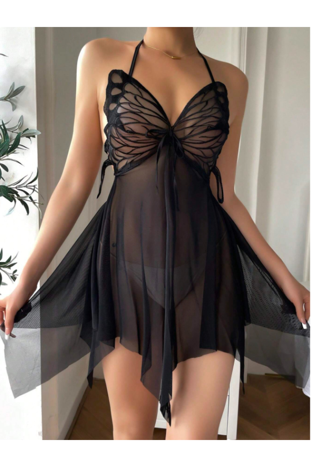 Bleu Petite Kelebek Model Kurdeleli Tül Gecelik Tanga Takım