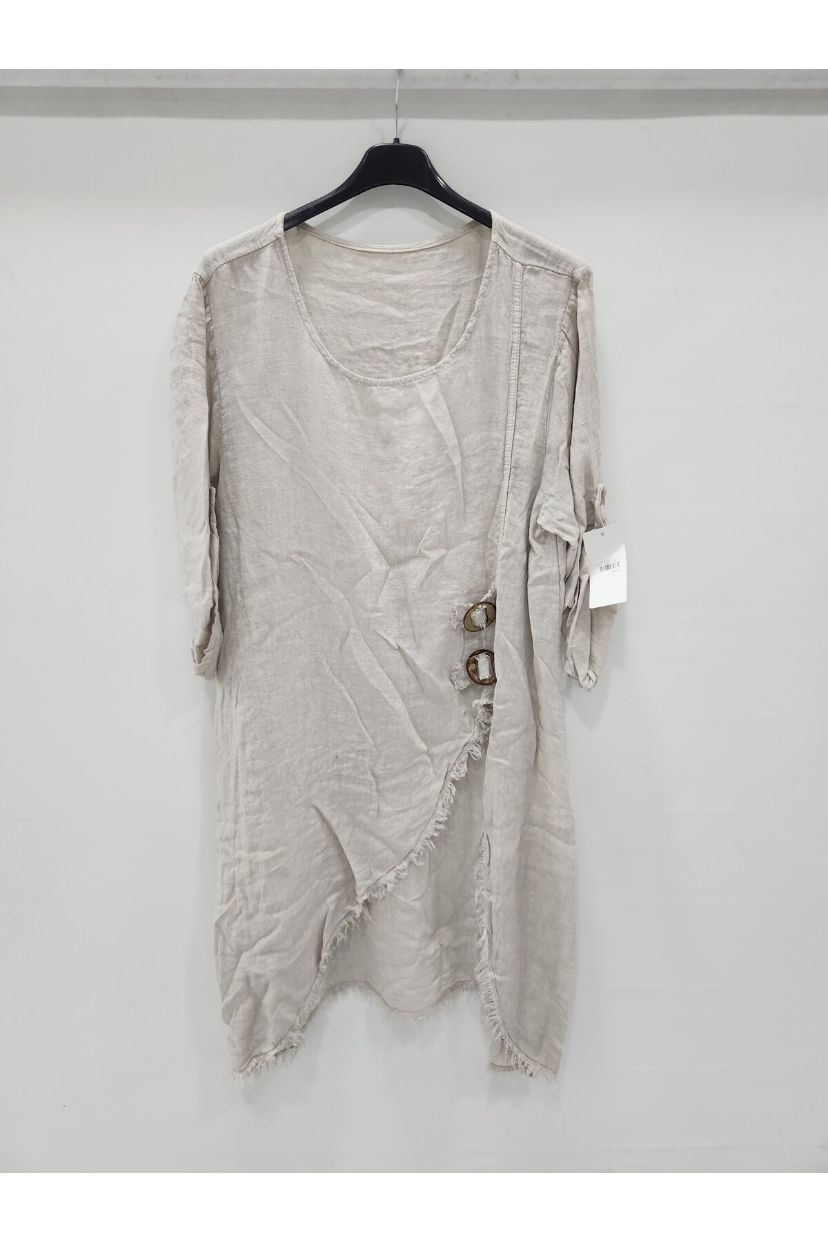 Women's Beige Italian Deep Side Slit Long Linen Tunic