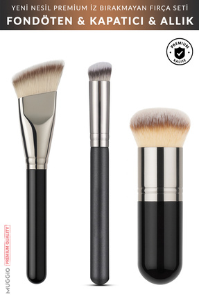 Muggio Trio 3'lü Premium Fondöten, Kapatıcı ve Allık Kabuki Makyaj Fırça Seti