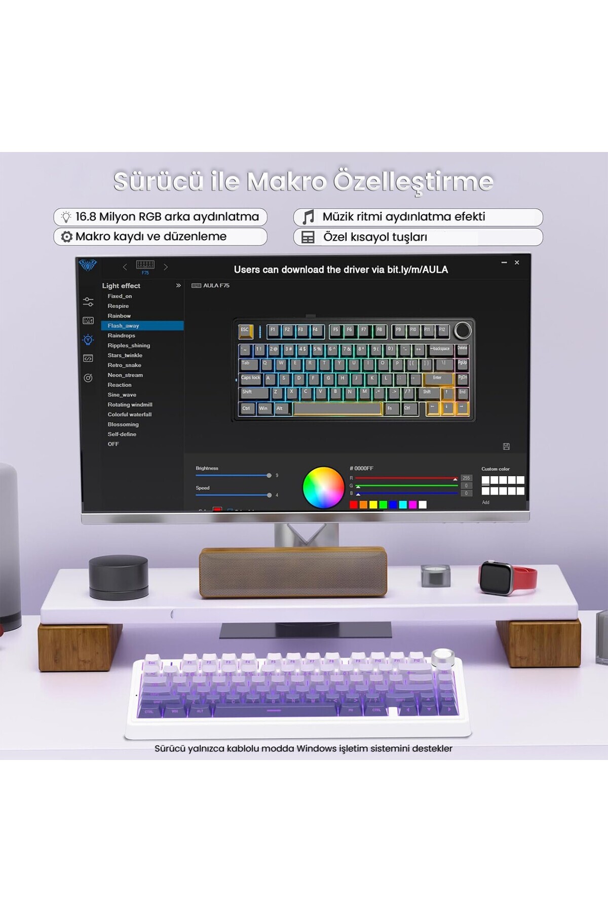 کیبورد مکانیکی F75 RGB TKL سوئیچ Seiya بی‌سیم ماکرو دار Hot Swap رنگ گرادیان بنفش