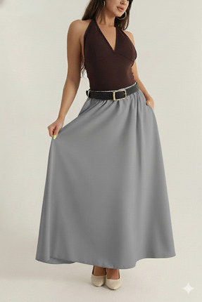 VıoShıne Kadın Kemerli Beli Lastikli Cepli Liza Kumaş Etek