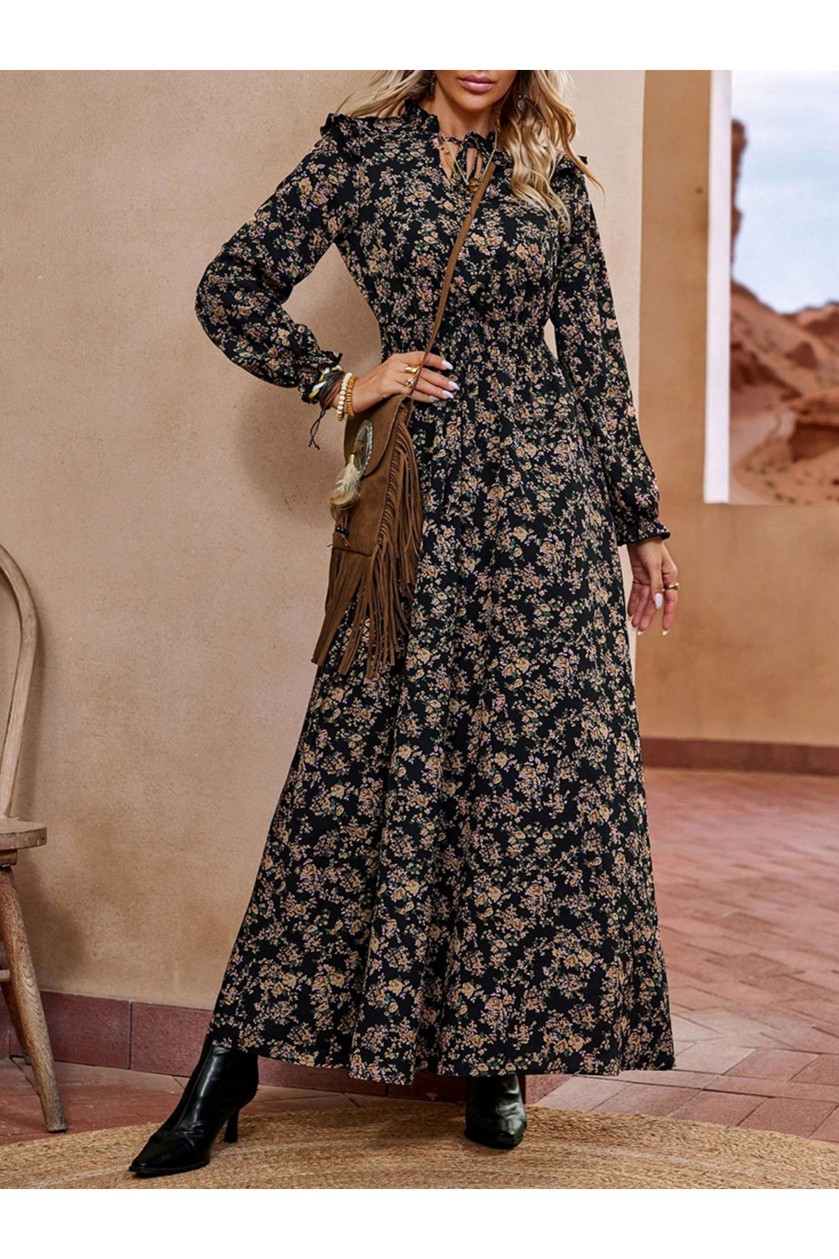 Take Two By Styli Women Floral Printed Ruffle Detail Maxi Dress