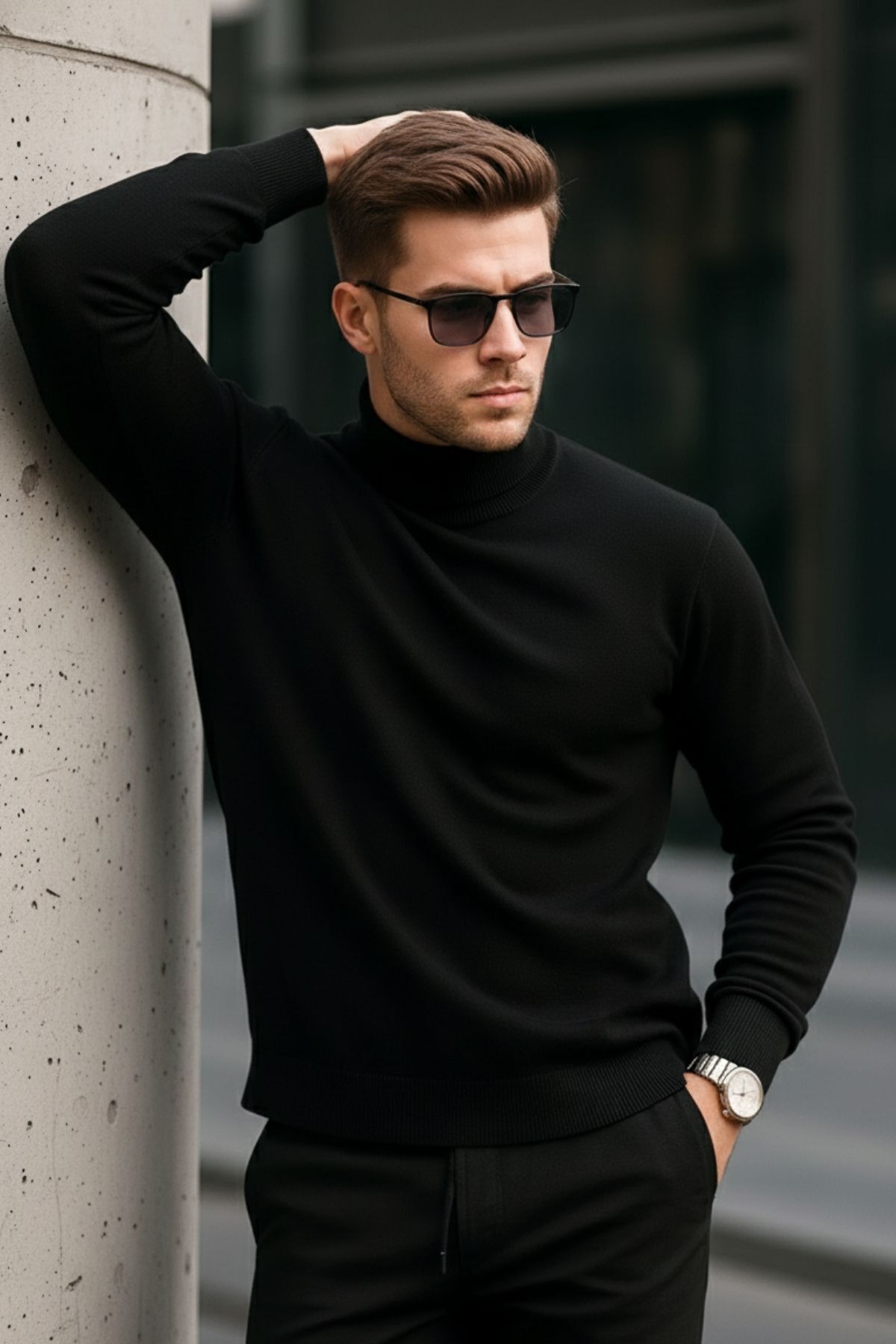 COMBİNE MİCHAİL  Erkek Premium Siyah Boğazlı Bol Triko Kazak - Görsel 4