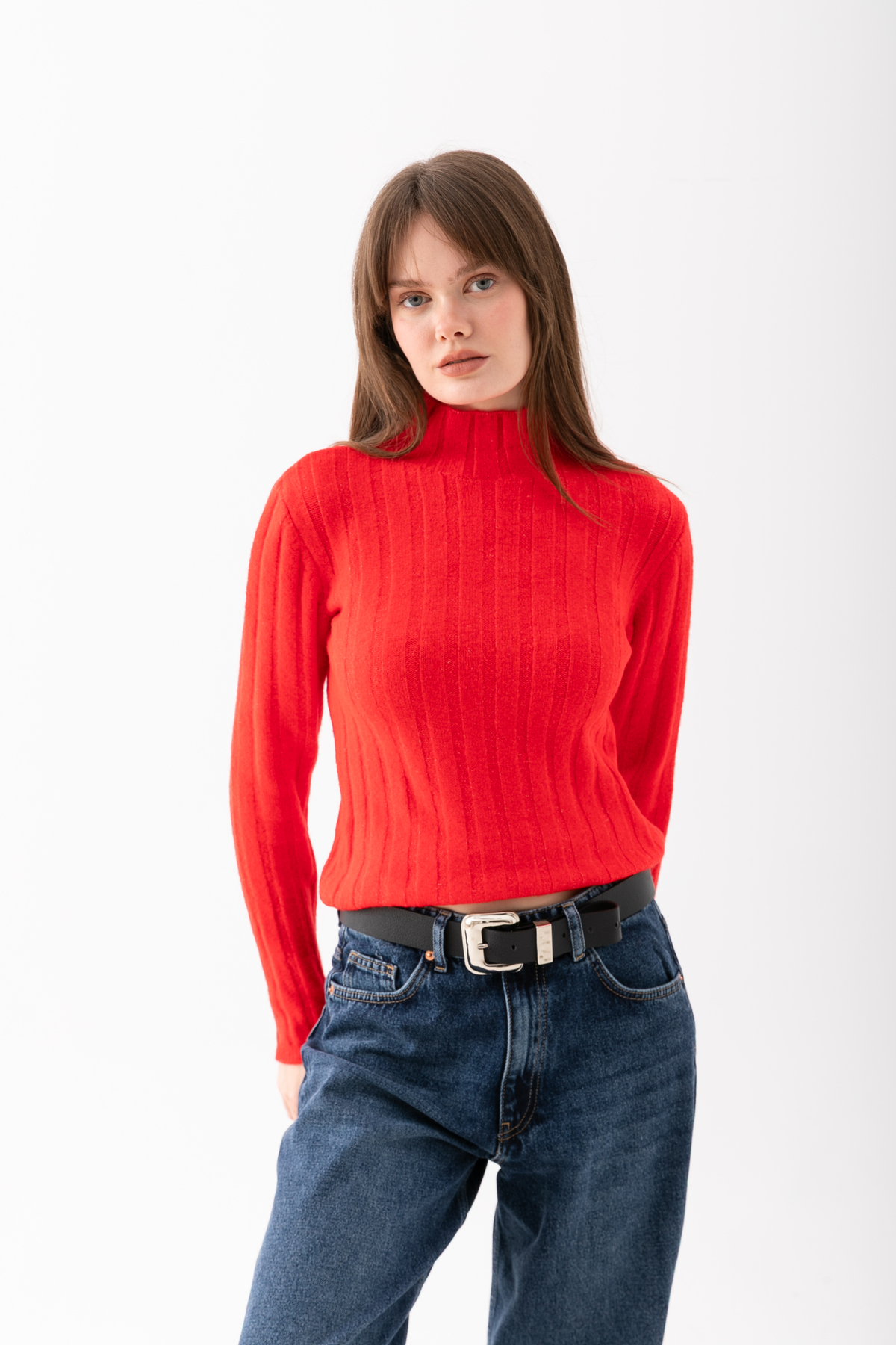 Upright Neck Knitwear Women's Sweater – Fit Striped Winter Sweater | 100% Wool - Soft textured Sweater