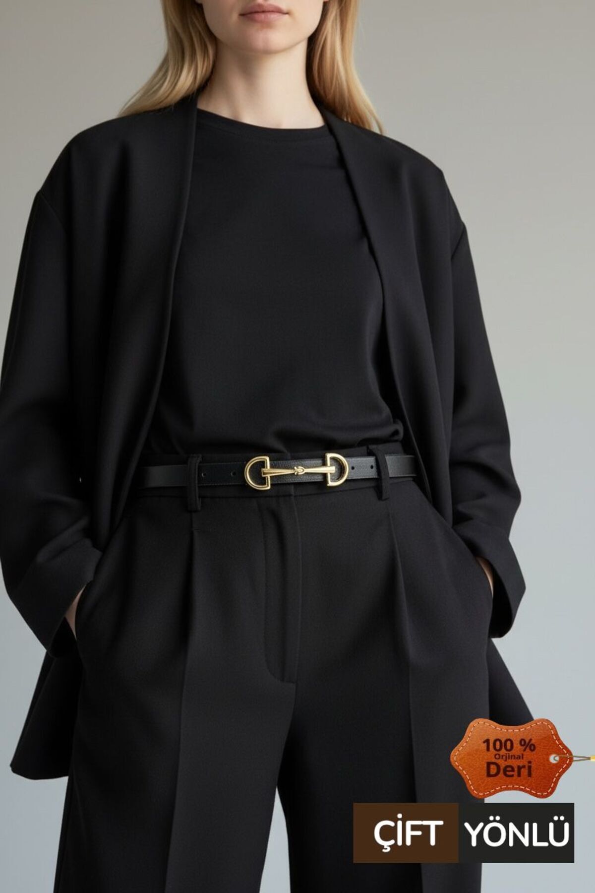 Kemerix  %100 Hakiki Deri Çift Yönlü Siyah-Kahve Gold Tokalı İnce Kadın Kemer - Görsel 2