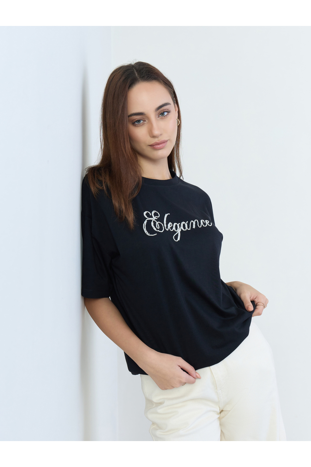 Styli Black Beaded Slogan Oversized T-Shirt