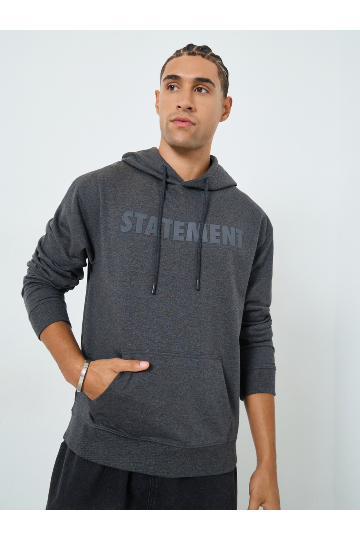 Styli Men Charcoal Relaxed Fit HD Print Hoodie