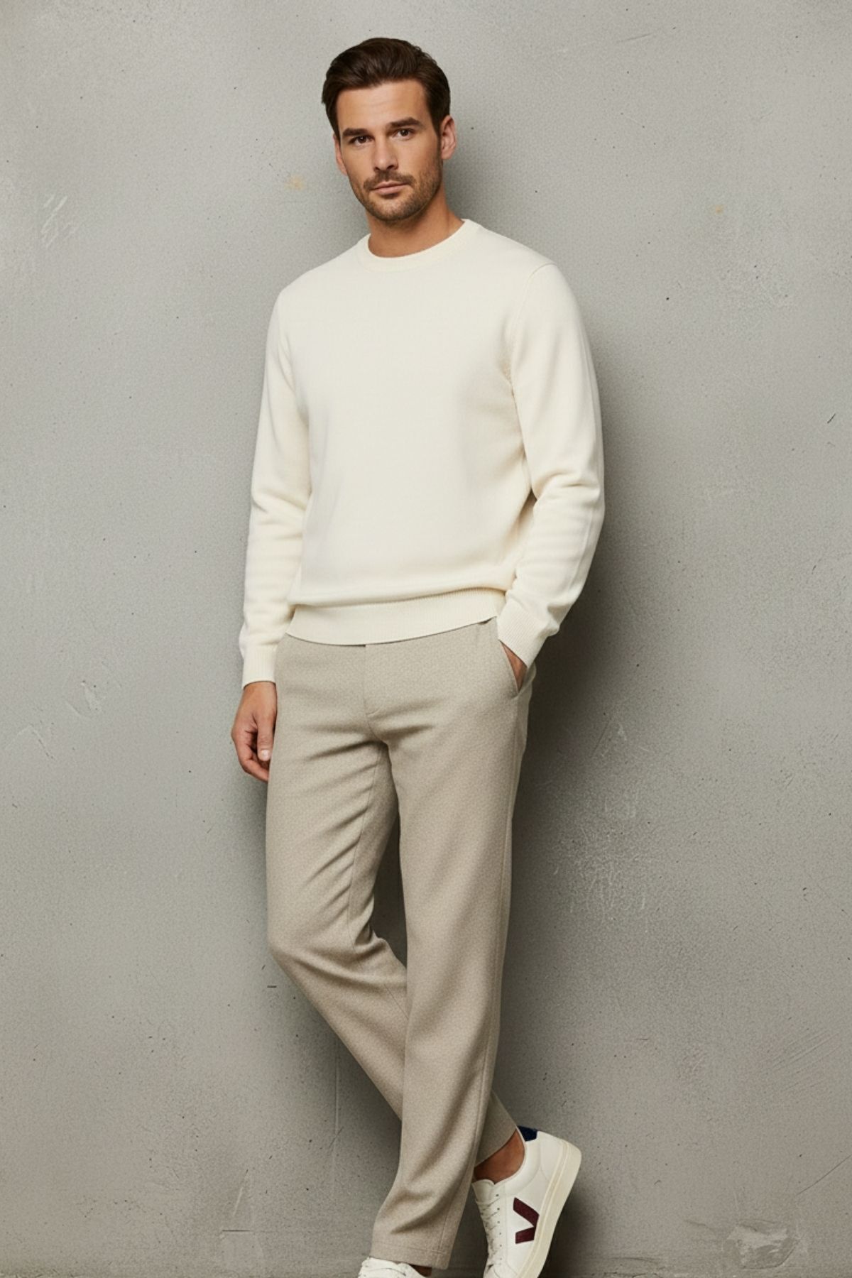 COMBİNE MİCHAİL  Erkek Bisiklet Yaka Salaş Krem Triko Kazak - Görsel 5