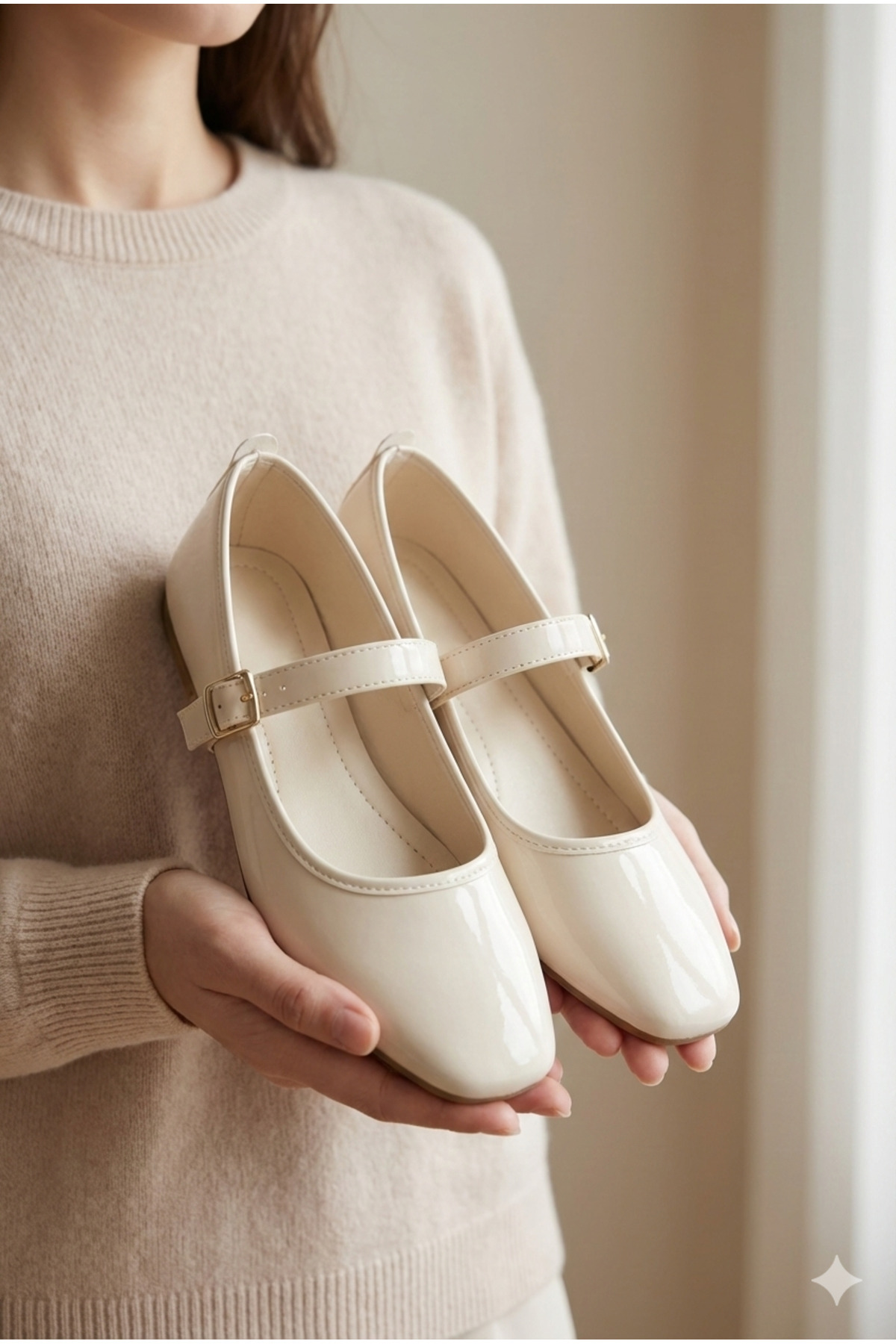 StWenn  Kadın Babet Ayakkabı Rugan Krem Altın Tokalı Şık Hafif Ortopedik Ses Yapmaz Taban - Görsel 2