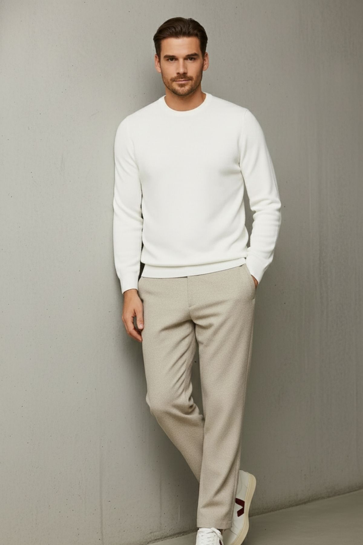 COMBİNE MİCHAİL  Erkek Bisiklet Yaka Salaş Ekru Triko Kazak - Görsel 4