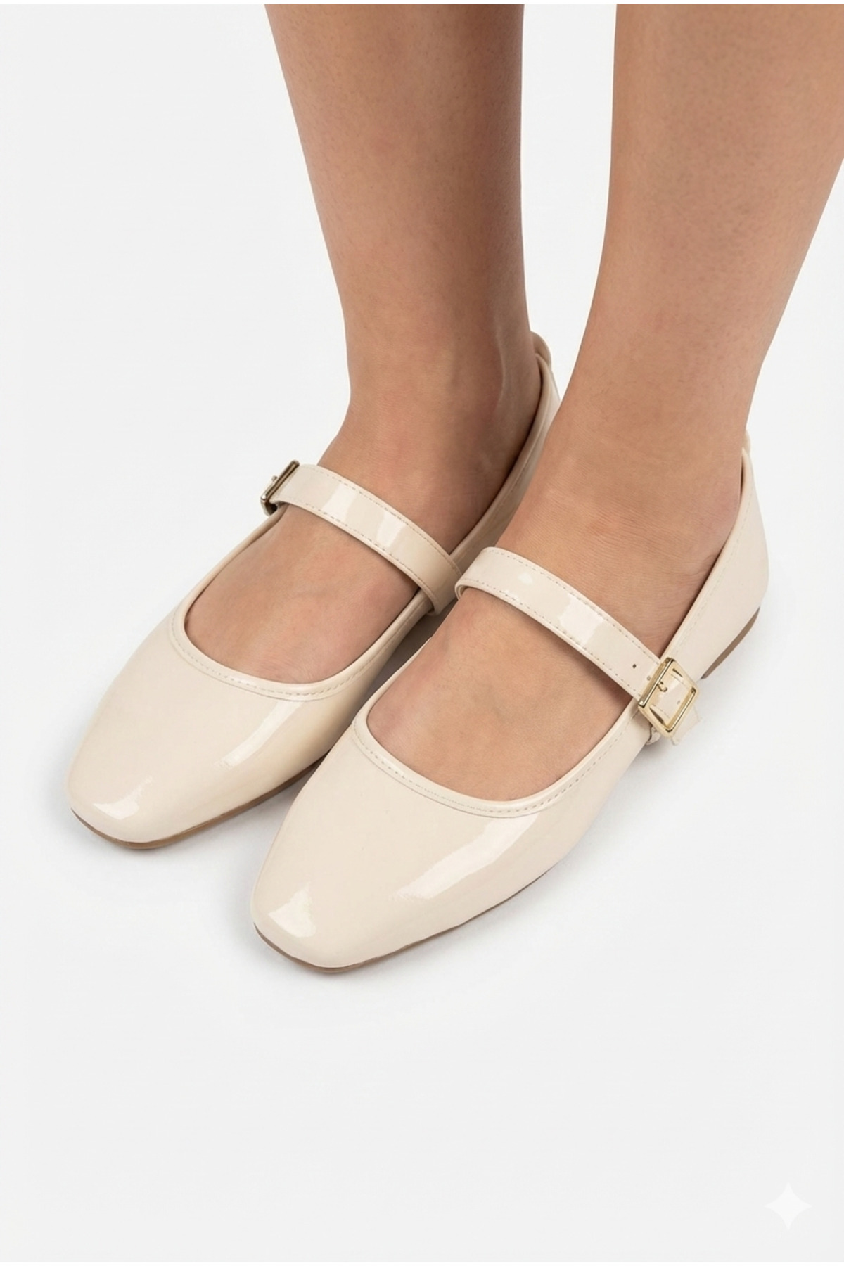StWenn  Kadın Babet Ayakkabı Rugan Krem Altın Tokalı Şık Hafif Ortopedik Ses Yapmaz Taban - Görsel 5