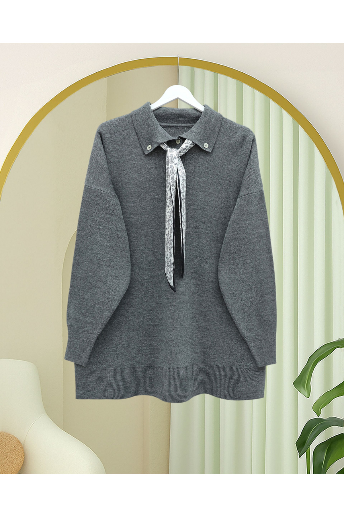 Modamorfo Polo Yaka Fularlı Yırtmaçlı Salaş Triko Tunik -Füme görsel 4