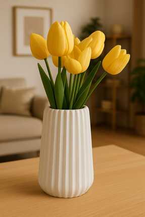 Karra Art El Yapımı Beton Dekoratif Vazo – Modern Silindir Form Çizgili Model