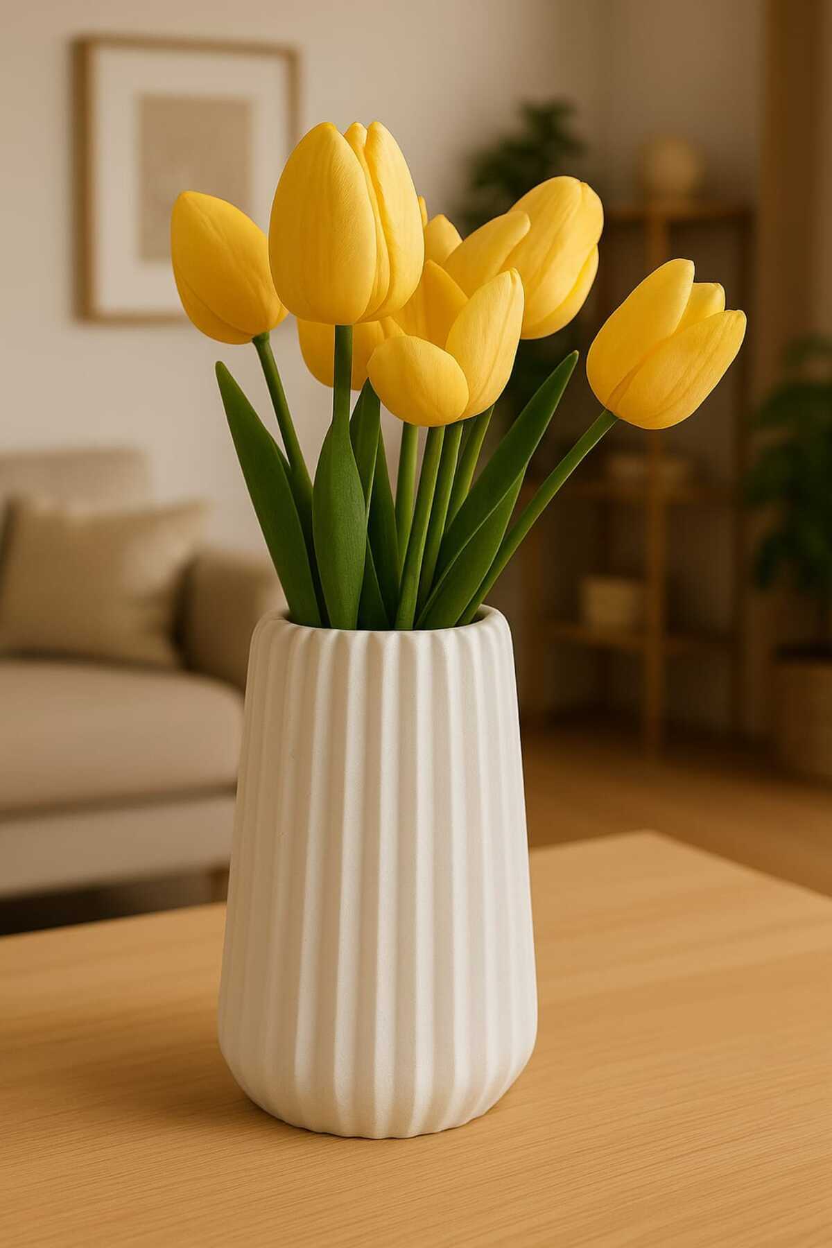 El Yapımı Beton Dekoratif Vazo – Modern Silindir Form Çizgili Model