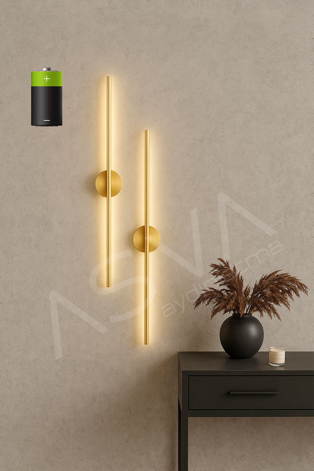 asva aydınlatma 2 Li 50 cm Ortadan Taslı Pilli Aplik Günışığı Led Gold Kasa Pil Dahil, Dekoratif Duvar Lambası