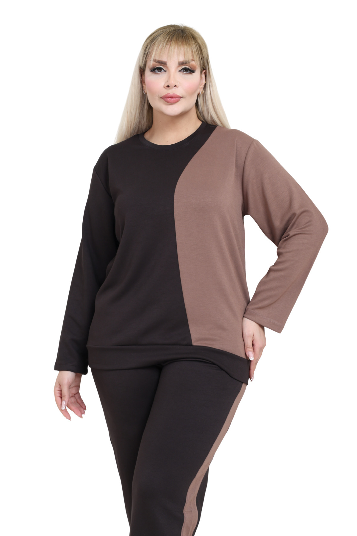 MELSAY  Kadın Büyük Beden Acıkahve-Vizon Renk Bloklu Modal Eşofman Takımı - Görsel 6