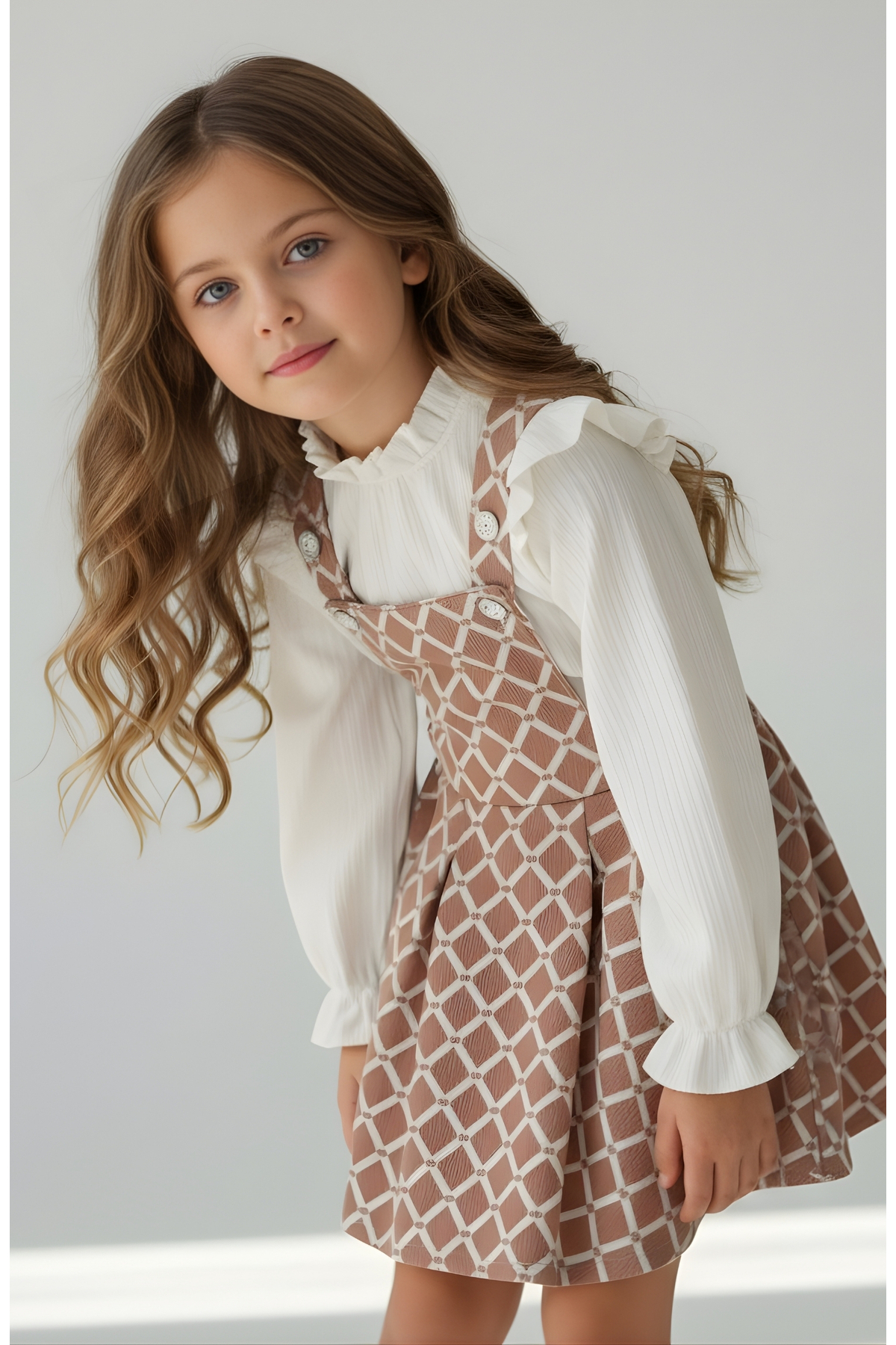 FESSHERA KİDS Kız Çocuk Baklava desen Salopet Jile ve Fitilli Bluz Takım - Fırfırlı 2'li Alt Üst Set fotoğrafı 5 (önizleme)