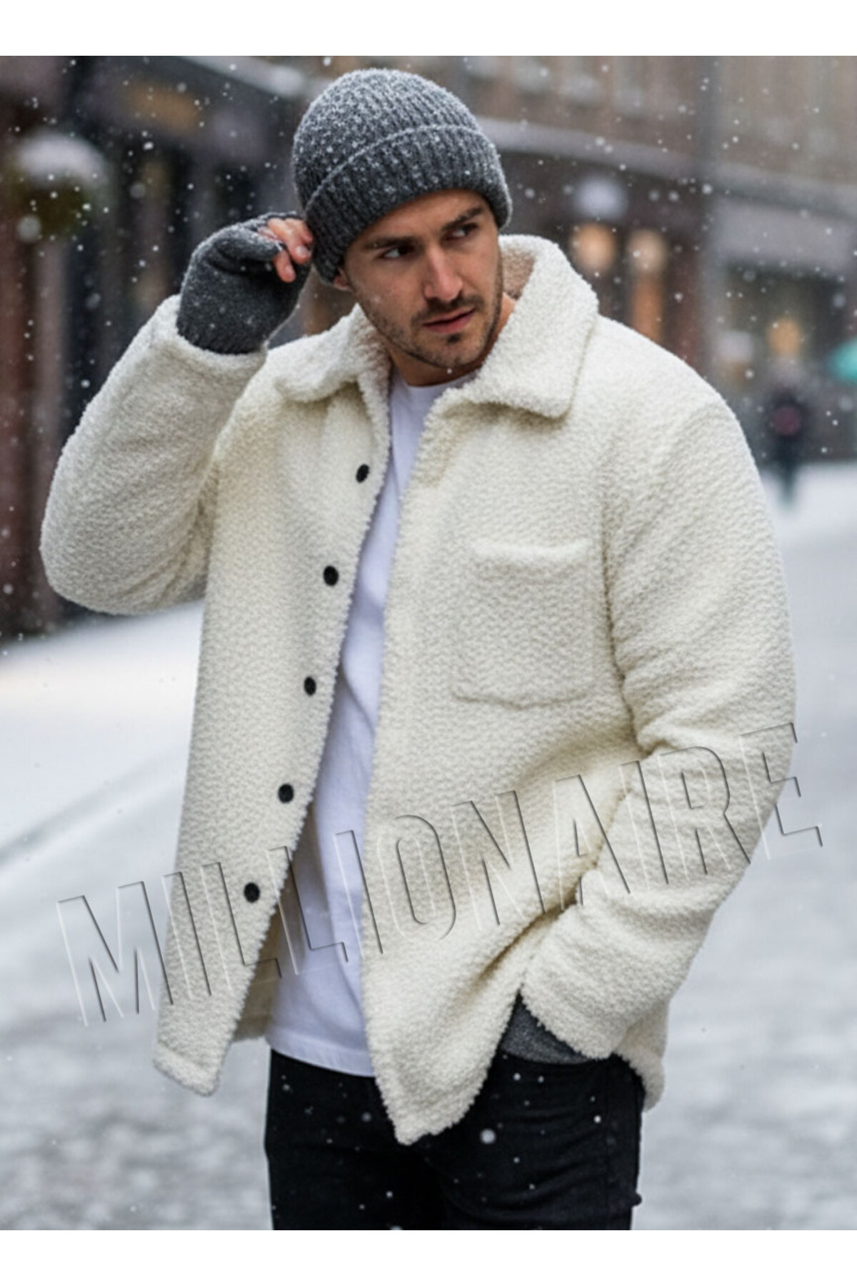 Millionaire  Erkek Ekru Beyaz Peluş Gömlek Yaka Modeli Düğmeli Ceket Hırka Mont Sweatshirt Polar - Görsel 4