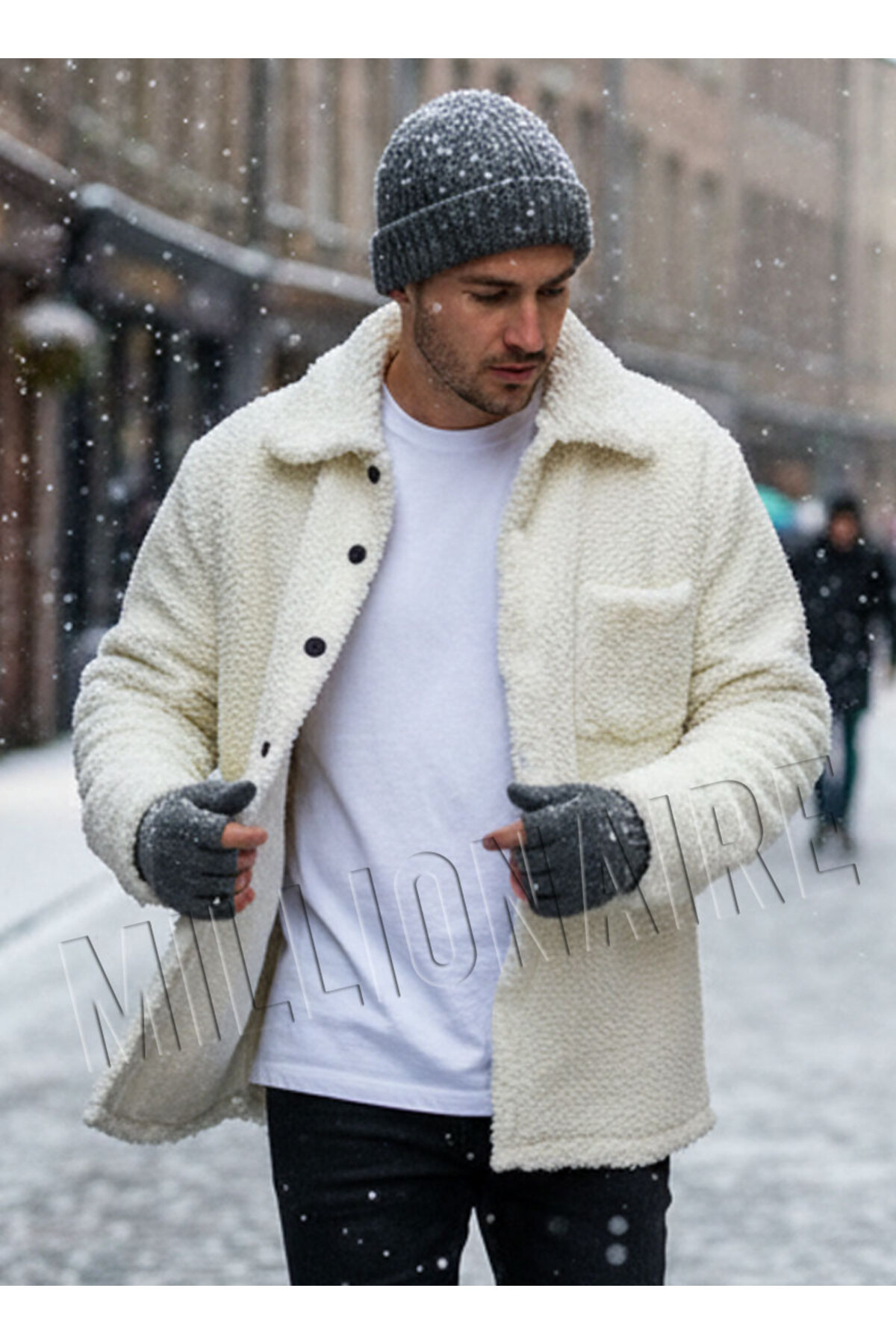 Millionaire  Erkek Ekru Beyaz Peluş Gömlek Yaka Modeli Düğmeli Ceket Hırka Mont Sweatshirt Polar