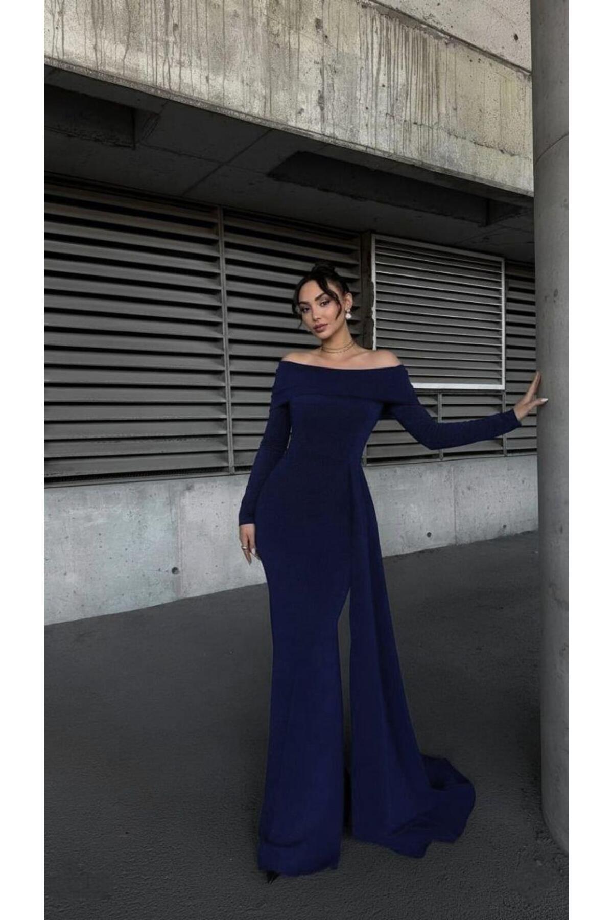 Modafeminen Off-the-Shoulder Long Evening Dress, Flowers Fabric, NAVY BLUE, 583267