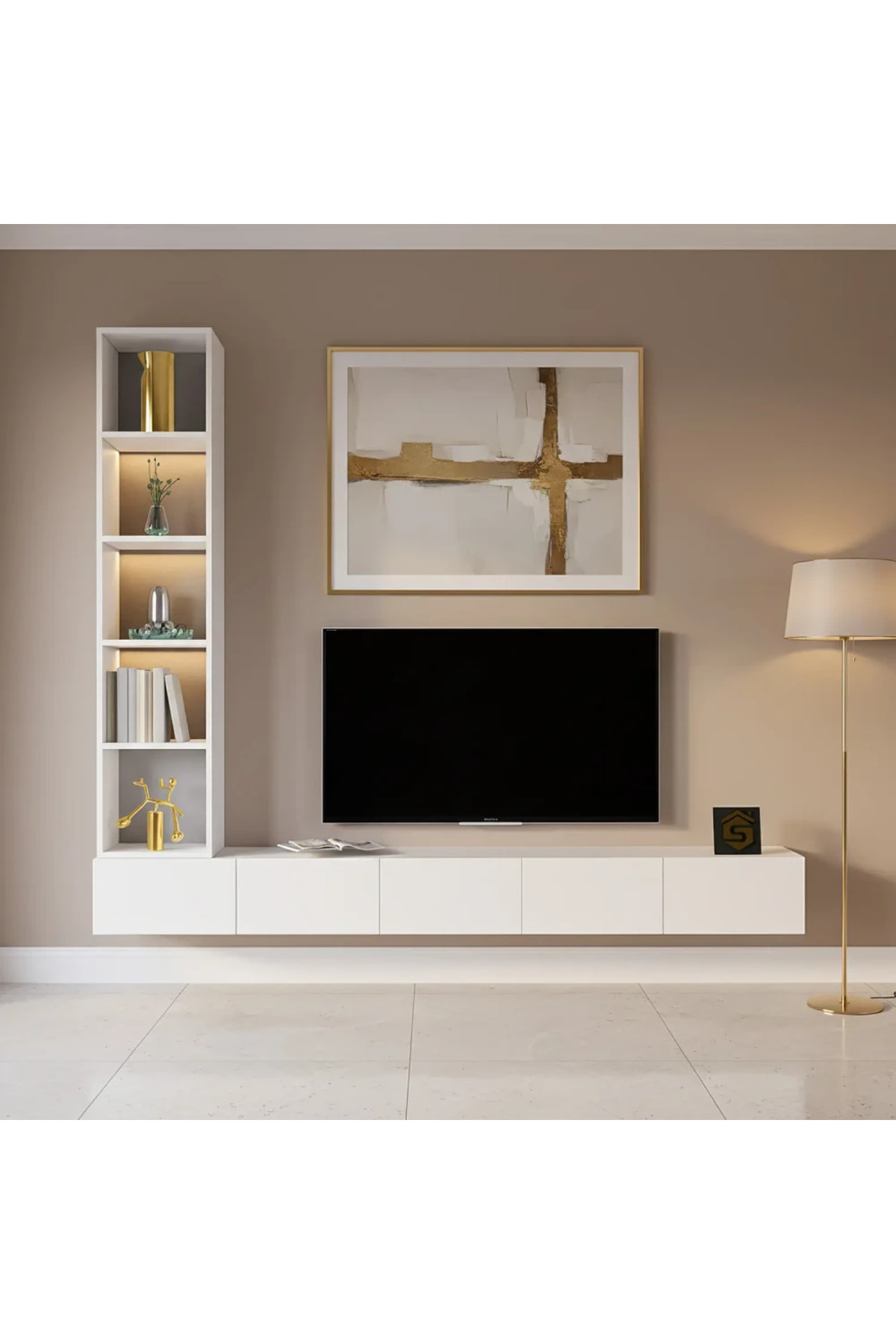 طاولة تلفزيون معلقة باللون الأبيض مع أرفف جانبية م...