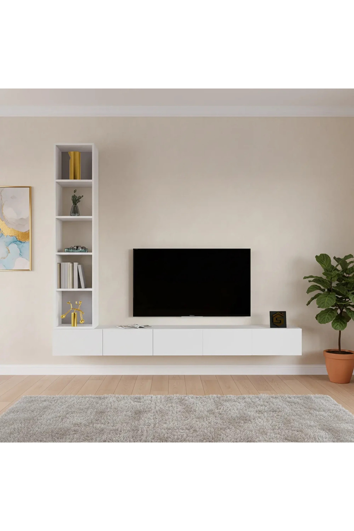 طاولة تلفزيون معلقة باللون الأبيض مع أرفف جانبية م...