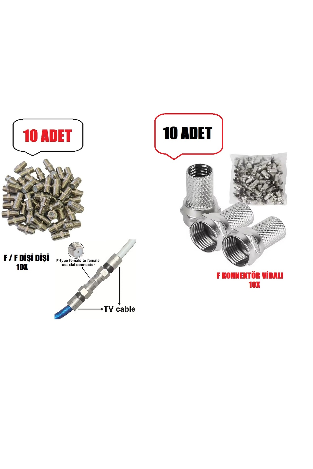 10 Adet Tv/Uydu Anteni Koaksiyel Kablo F/F Konnektör + 10 Adet F Konnektör Vidalı u6 Jak