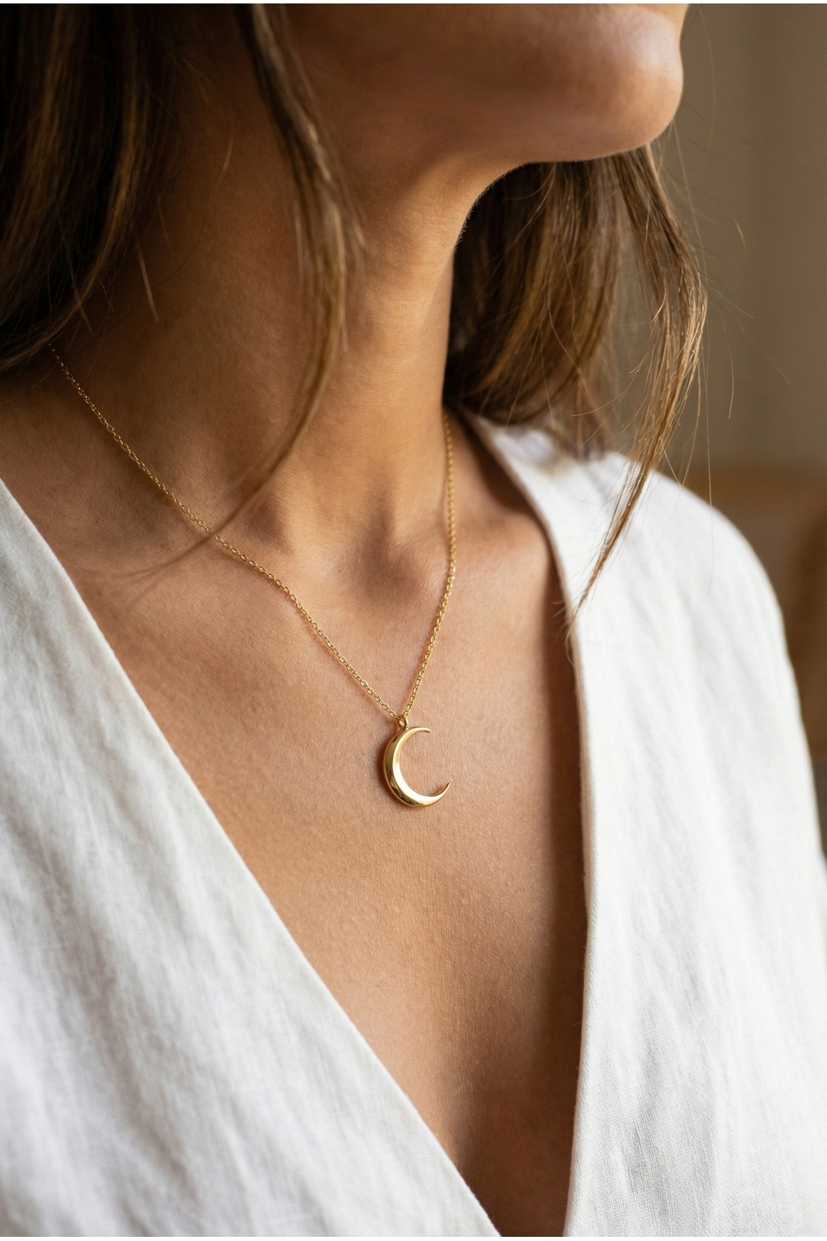 neshely jewelry 925 Ayar Orjinal Gümüş Hilal Ay Gold Rengi Gümüş Kolye