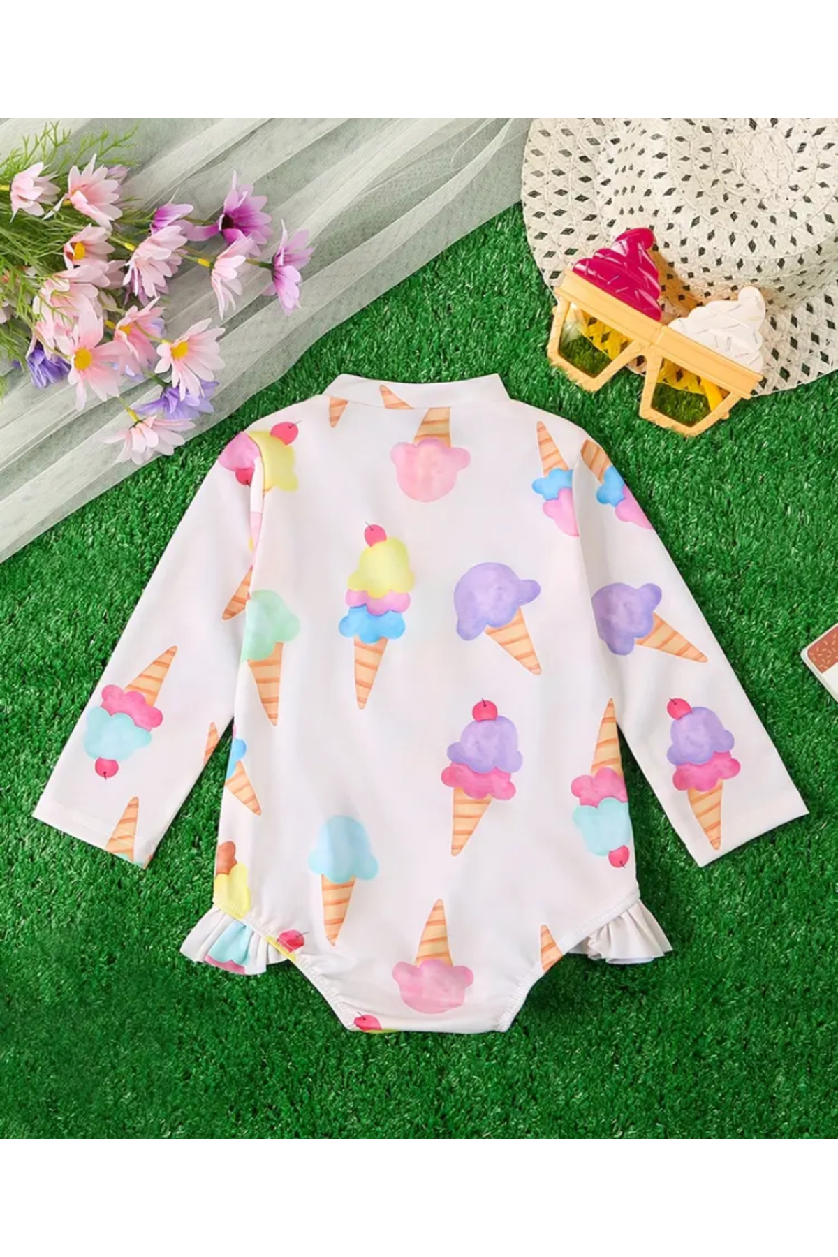MODA Renkli dondurma desenli, uzun kollu, fırfır detaylı bebek mayo. Esnek ve rahat tasarım. fotoğrafı 2 (önizleme)