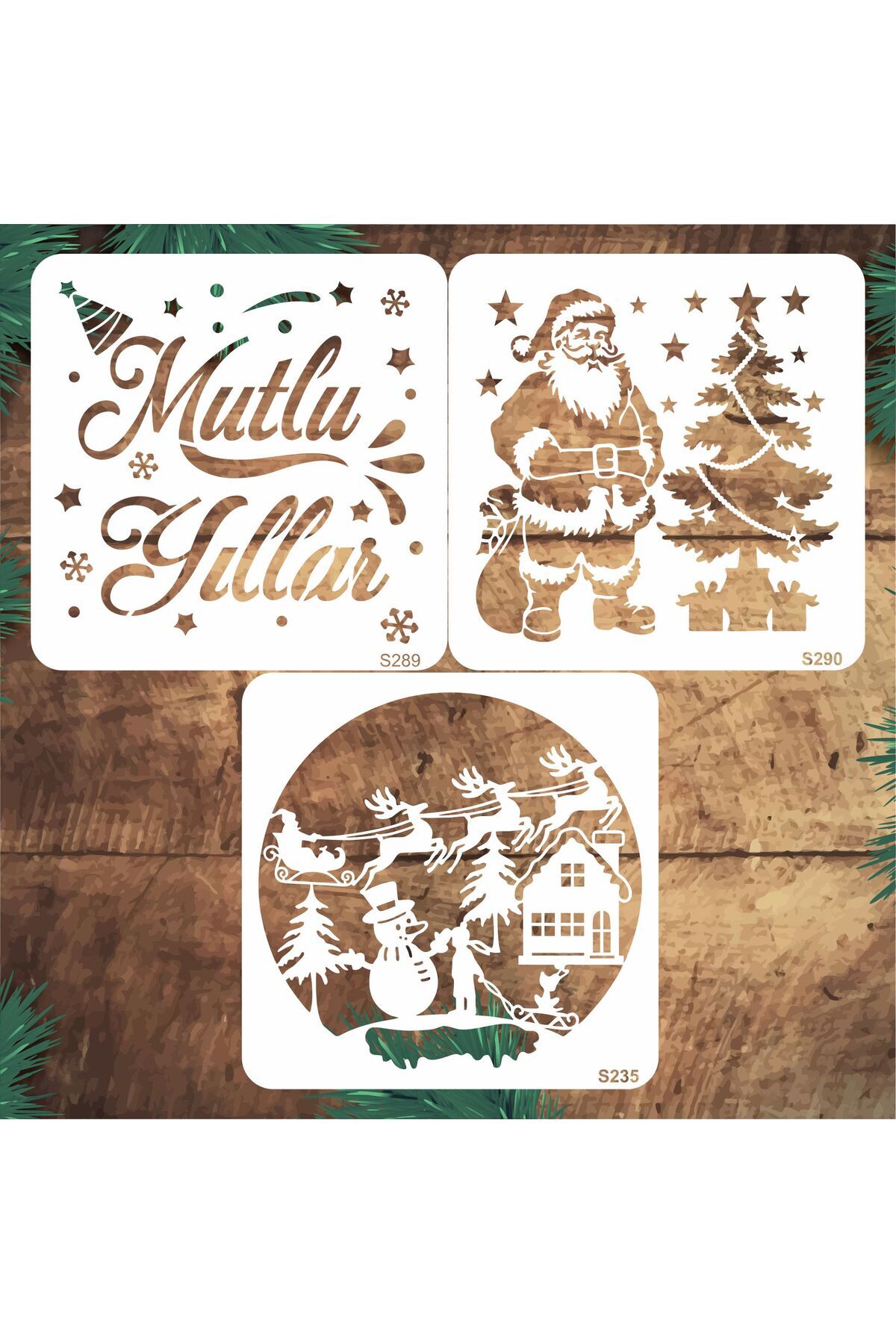 STENCİLTASARIM Stencil Tasarım S288 20x20cm 3 lü Yılbaşı Seti SET56 Duvar, Eşya,kumaş,fayans Boyama Şablonları