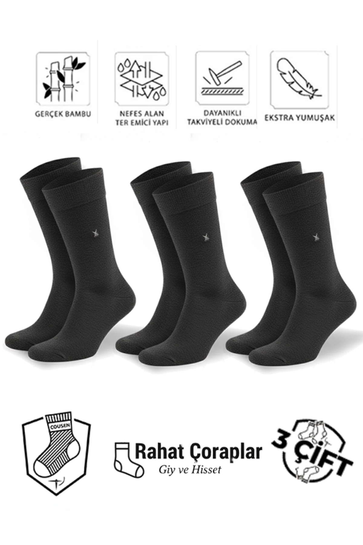 3-Piece Premium Men's Classic Long Bamboo Sock Assortment Set