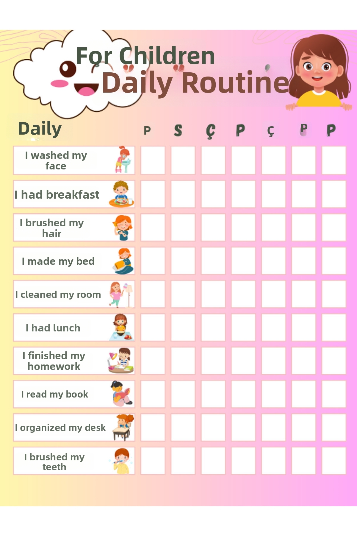 لیست چک روزانه صورتی کودکان، روکش PVC، تابستانی، قابل پاک شدن با قلم