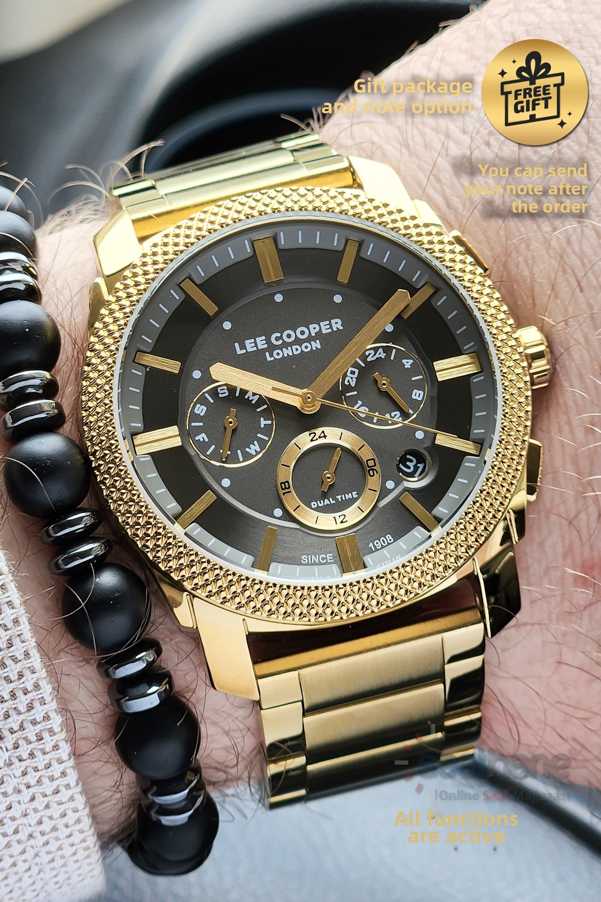 مچ‌بند اصلی هدیه، صفحه خاکستری، طلایی و فولادی، دارای تقویم کاربردی، ساعت مچی مردانه