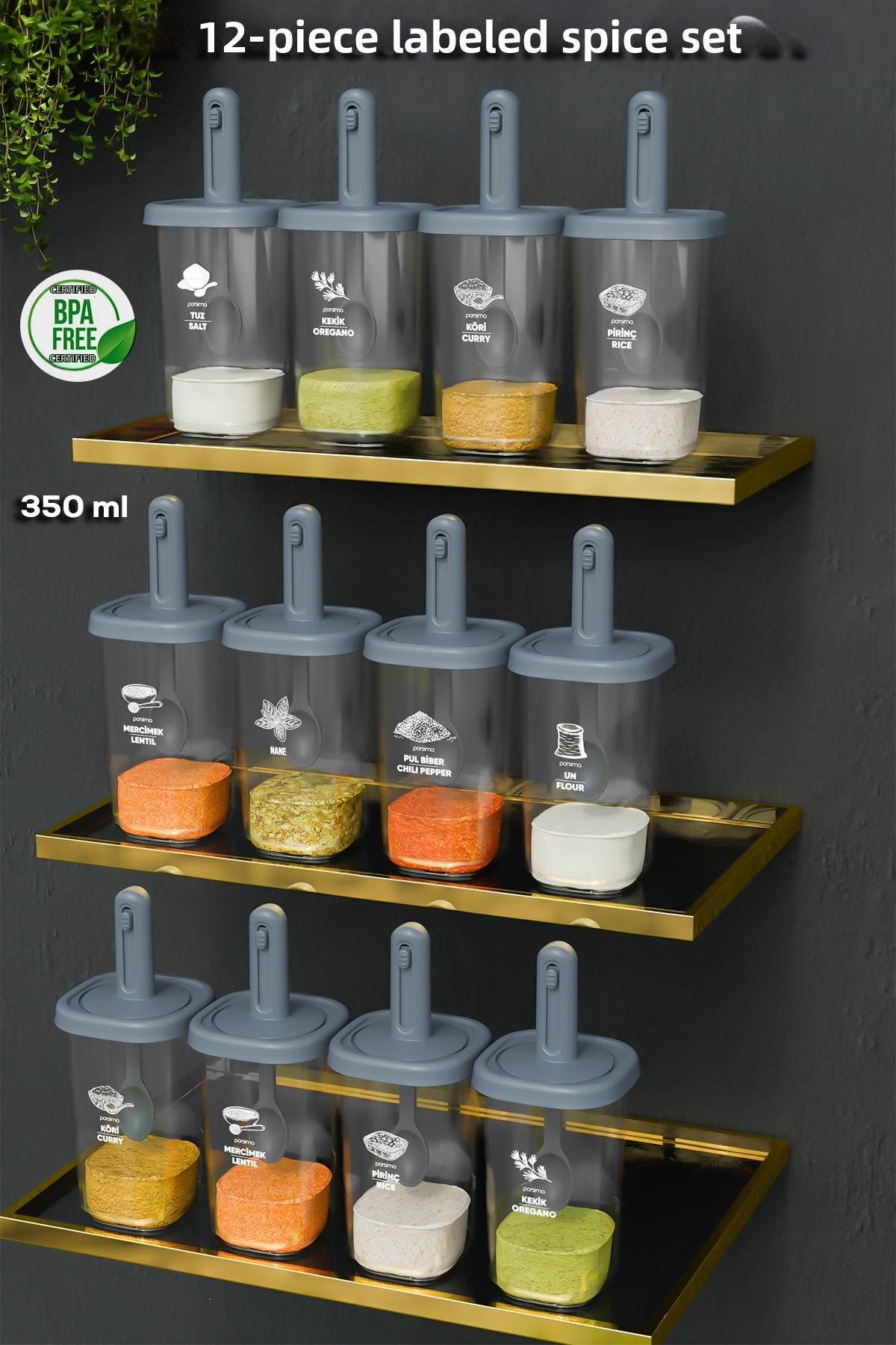 Porsima 1100 12-Piece Spice Bowl Set with Slide and Spoon and Leak-Proof Lid - Storage Container