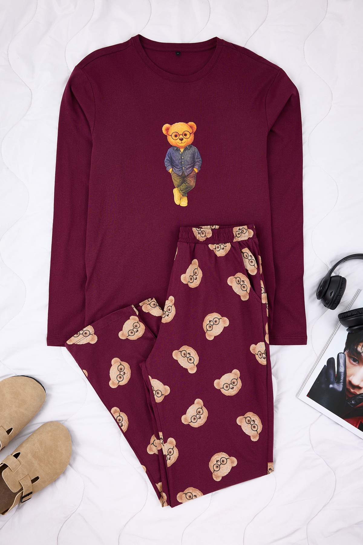 Trendyolmilla Man Bordo Regular %100 Pamuk Ayıcık Desenli Örme Pijama Takımı TMNAW26PT00007