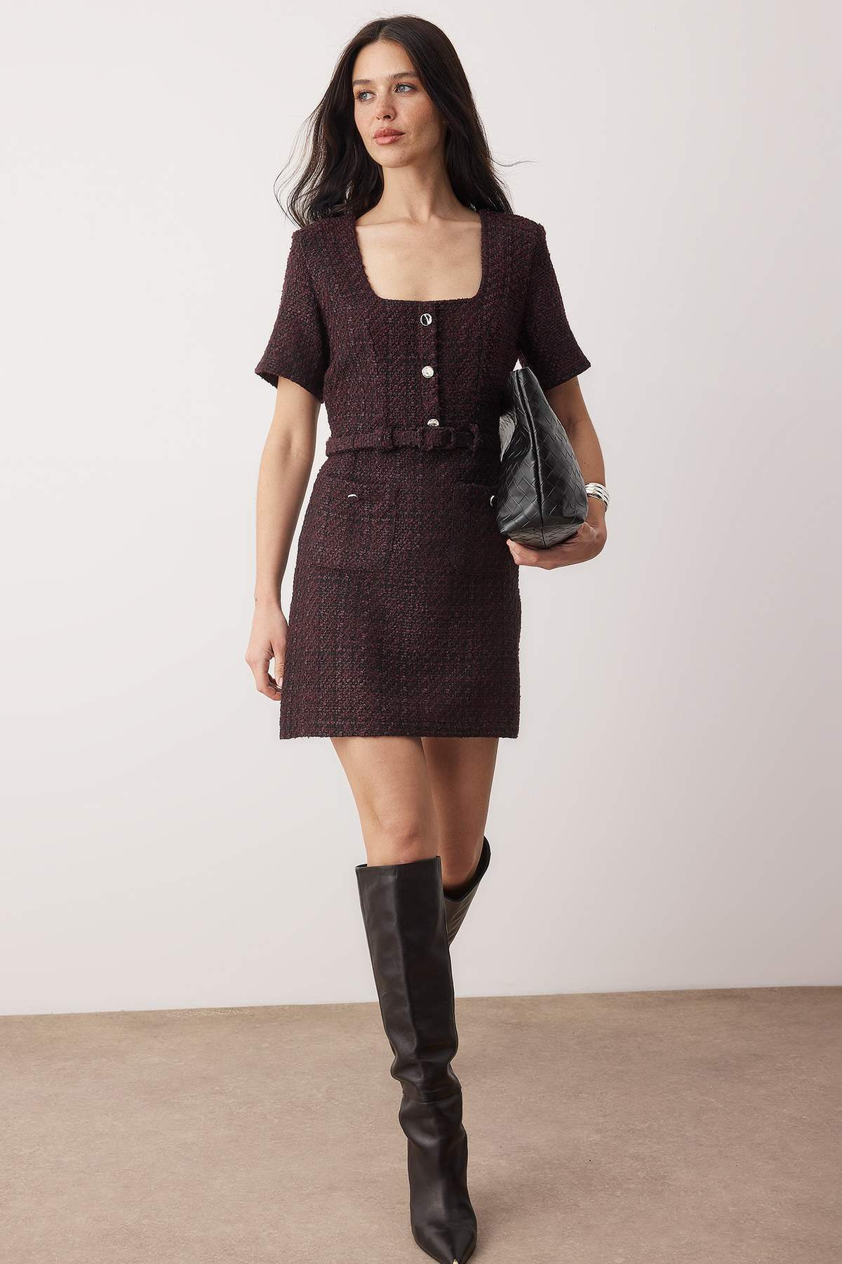 Trendyolmilla  Mürdüm Kemerli Düz Kemerli Kısa / Mini Dokuma Elbise TWOAW26EL00365