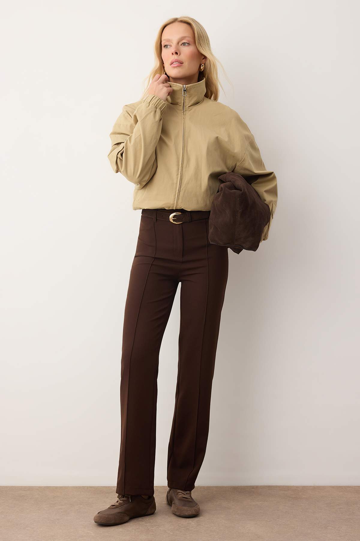 Trendyolmilla  Koyu Kahverengi Kalın Esnek Kumaş Straight/Düz Kesim Nervür Dikişli Pantolon TWOAW26PL00027 - Görsel 2