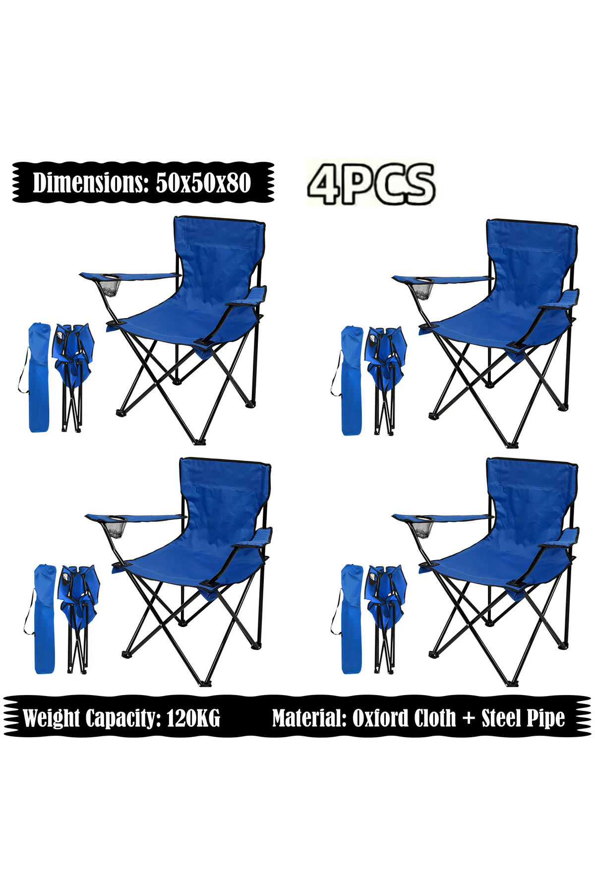 كرسي تخييم قابل للطي مع مساند للذراعين وحامل أكواب، كرسي شاطئ وحديقة قابل للطي (عبوة من 4 قطع)