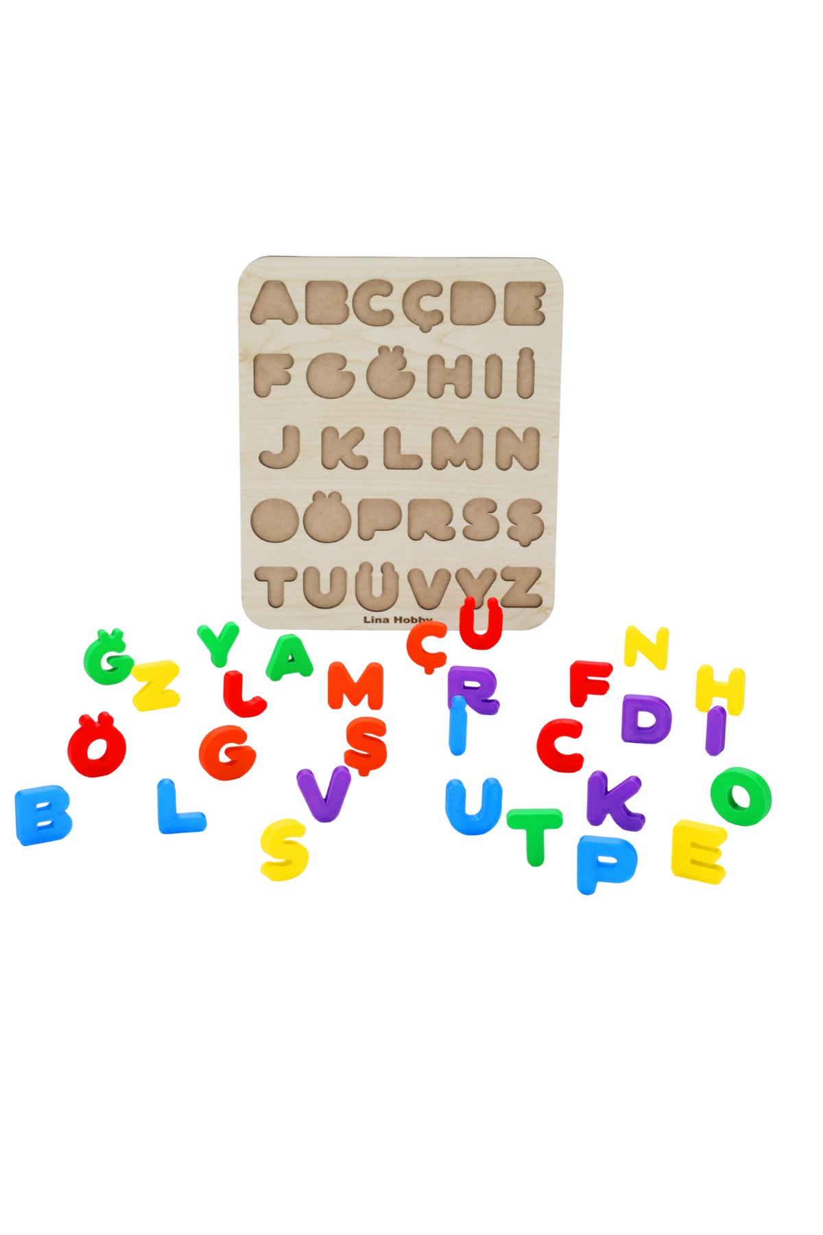 پازل حروف الفبا – اسباببازی آموزشی با پایه چوبی و حروف پلاستیکی (۲۱×۲۵ سانتیمتر)