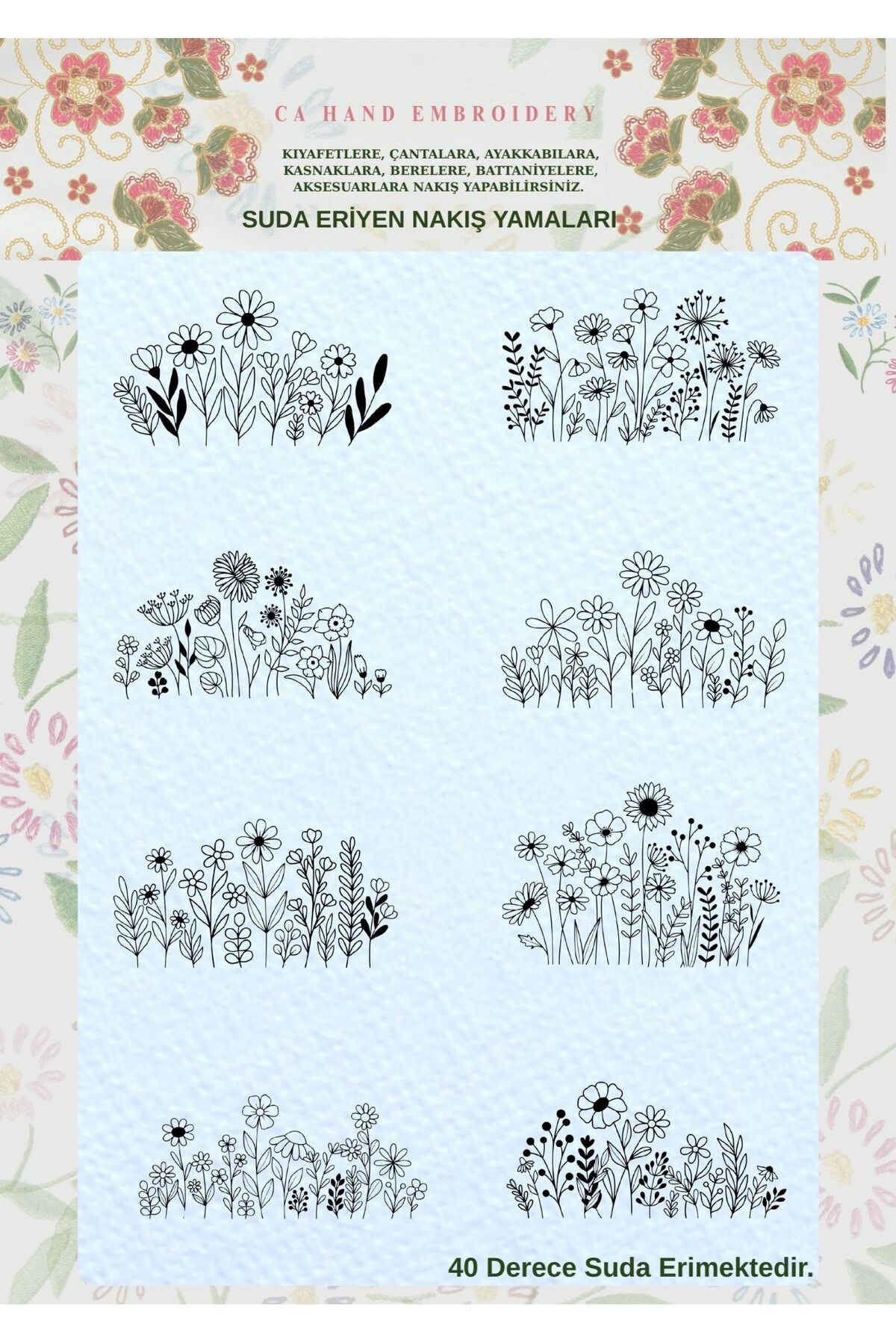 CA _hand_embroidery 8 Çiçekler Temalı Desenler Serisi Suda Eriyen Nakış Telası Sanatsal Transfer Kağıdı Yazıcı Baskılı