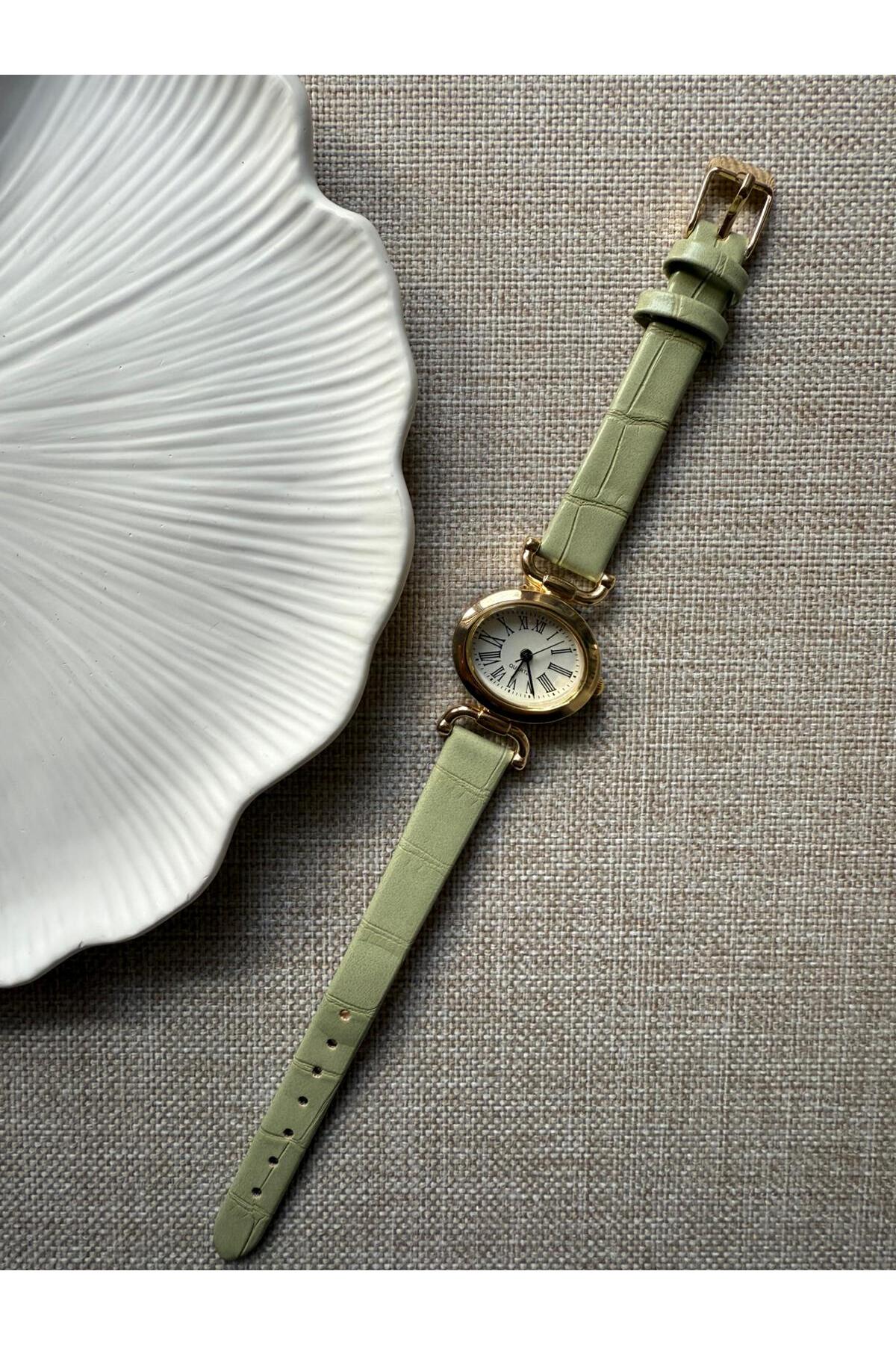 QUARTZ  Retro Minimal Vintage Çağla Yeşili Renk Kroko Desenli Kordon Kadın Kol Saati Kelebek Model - Görsel 6